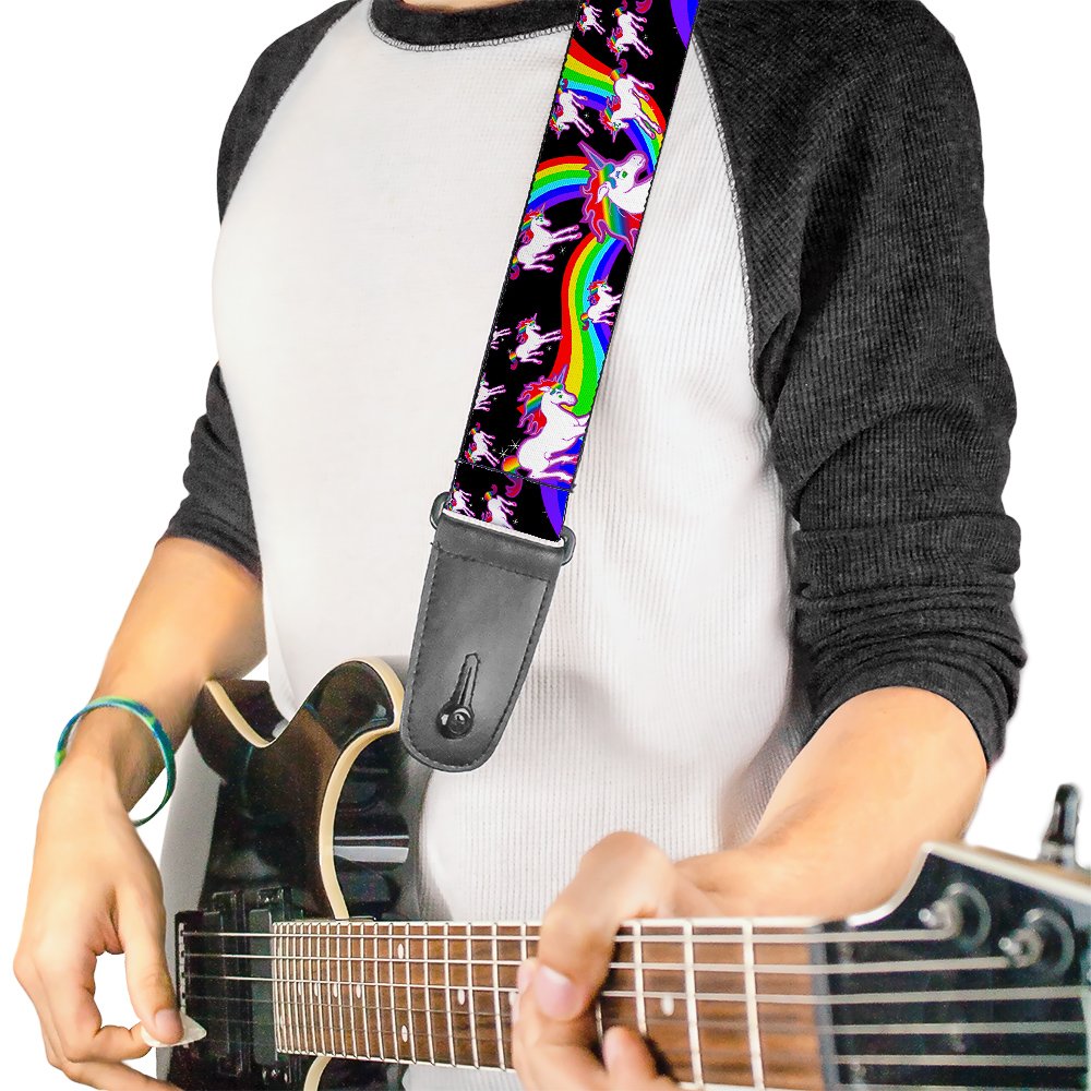 Buckle-Down Guitar Strap Unicorns Rainbow Swirl Black 2 Inches Wide