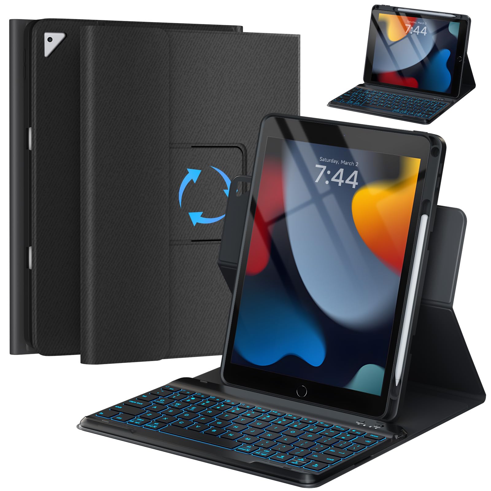 Oyeeice For Ipad 9Th Generation Case With Keyboard   Detachable Backlit Keyboard   Rotatable Cover With Pencil Holder For Ipad 9