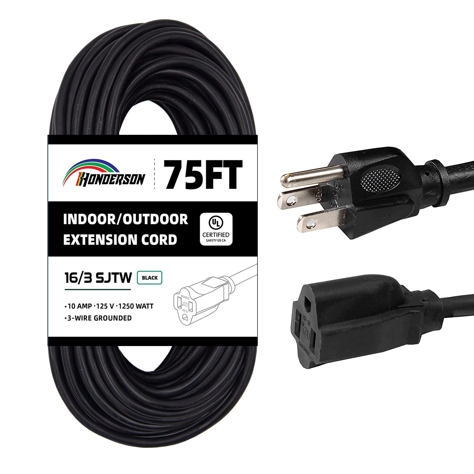 Honderson 75Ft Outdoor Extension Cord 16/3 Sjtw Durable Black Extension Cable With 3 Prong Grounded Plug For Safety,Great For Ou