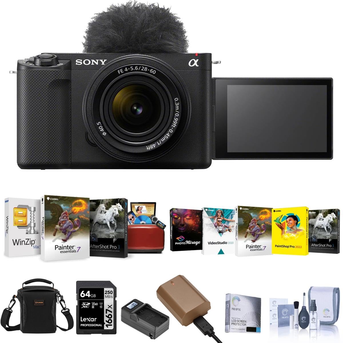 Sony ZV-E1 Full Frame Mirrorless Vlog Camera with FE 28-60mm Lens, Black - Bundle with Shoulder Bag, 64GB SD Card, Extra Battery