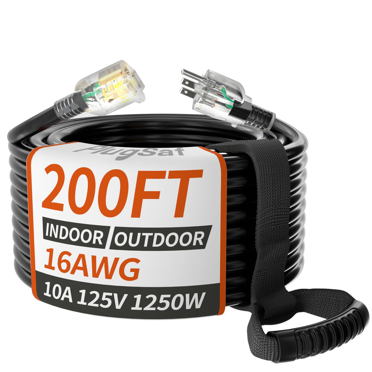 Plugsaf 16/3 Gauge 200 Ft Extension Cord Outdoor Black Waterproof, Cold Weatherproof  58?F, Flame Retardant, Flexible 3 Prong He