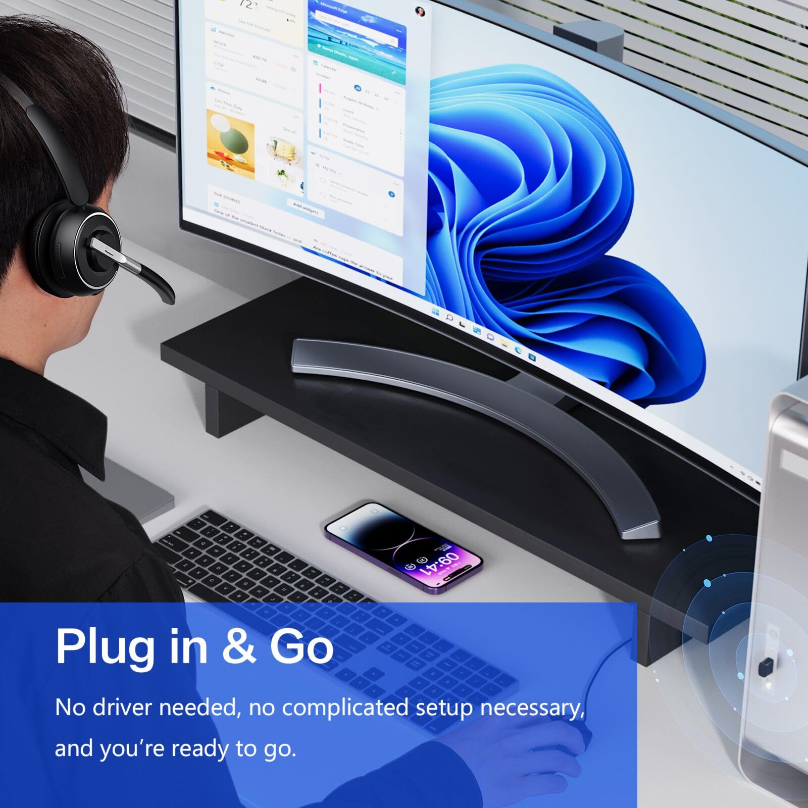 Bluetooth Headset, Wireless Headset With Microphone For Pc, V5.2 Computer Headset With Noise Cancelling Mic, Usb Dongle, Chargin