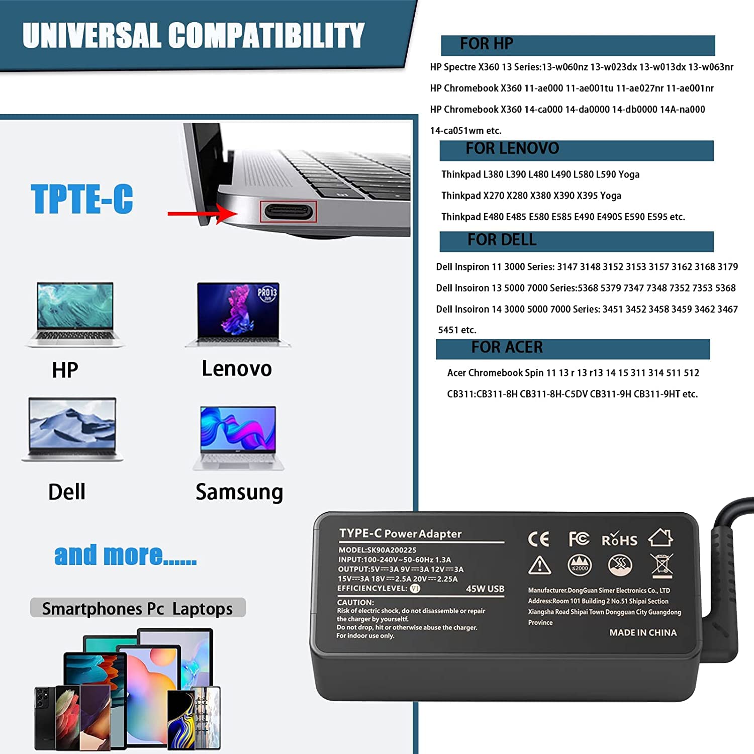 45W Usb C Laptop Charger For Chromebook Hp Dell Acer Asus Lenovo Samsung Laptop Usb C Adapter Power Cable More Device Type C Fast Charging