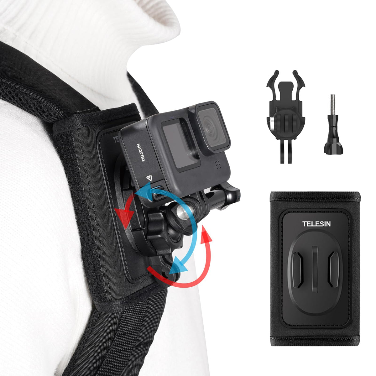 Telesin� 360 Backpack Mount Shoulder Strap Clip Holder W Quick Release Adapter Base For Gopro Max 13 12 11 10 9 8 7 Insta360 X3 X4 Go3 Ace Pro Dji Action 4 Osmo Pocket 3 Bike Motorcycle Accessories