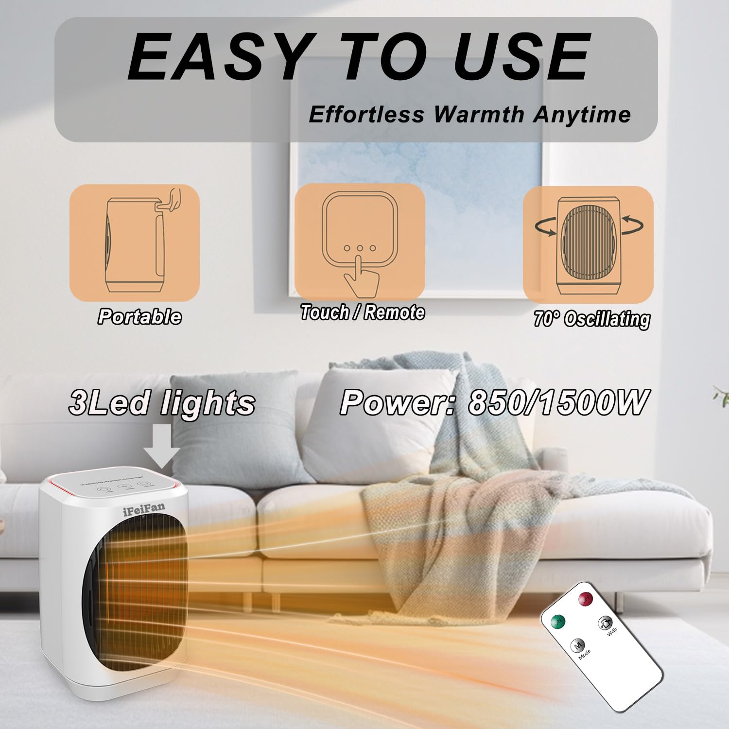 Ifeifan Indoor Electric Space Heater, 1500W Portable Electric Heaters With Thermostat, 3 Modes, 70 Oscillation, Remote