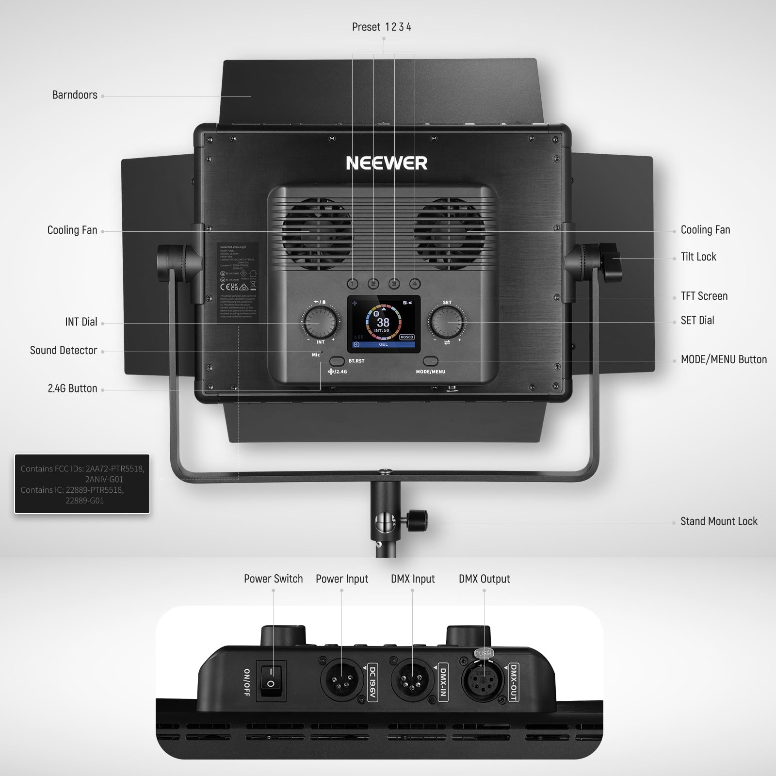 Neewer Pl60C Rgb Led Panel Video Light App/2.4G/Dmx Control, 60W 23000Lux/0.5M 2500K 10000K Rgbcw Pro Photography Studio Lightin