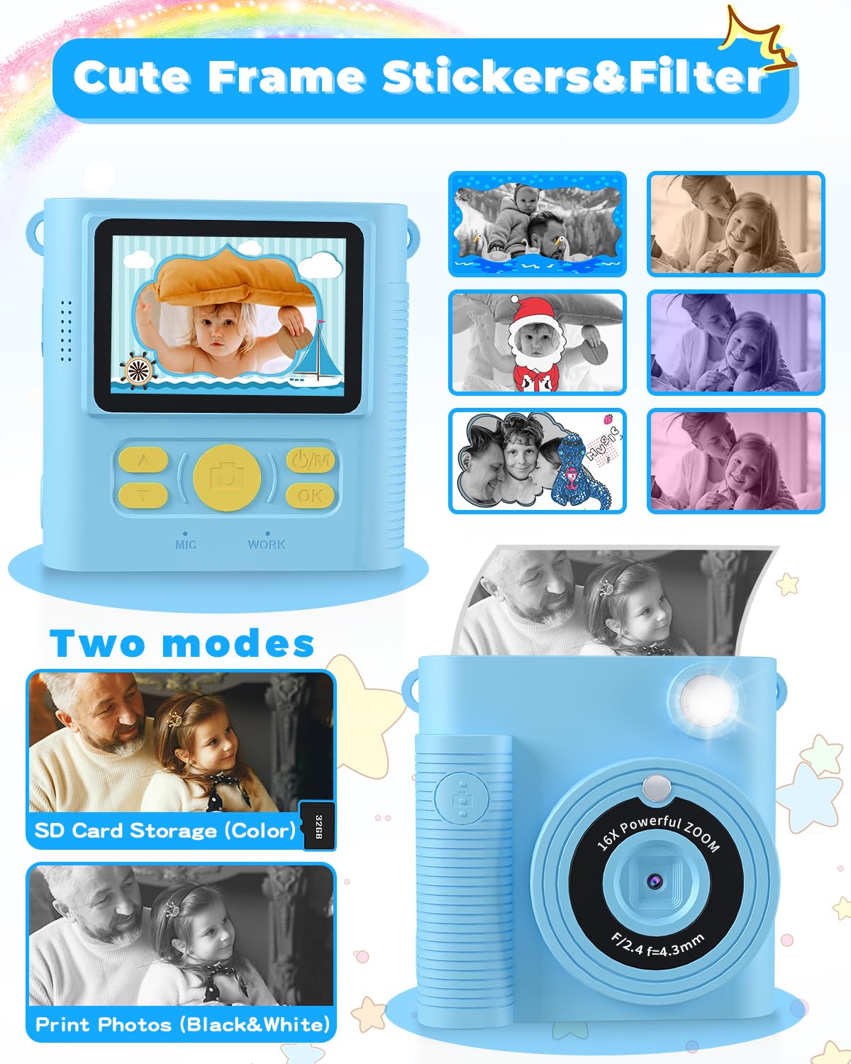 Fkateen Instant Print Camera For Kids, 1080P Hd Kids Digital Cameras Instant Print Photos With 32Gb Sd Card, Christmas Birthday