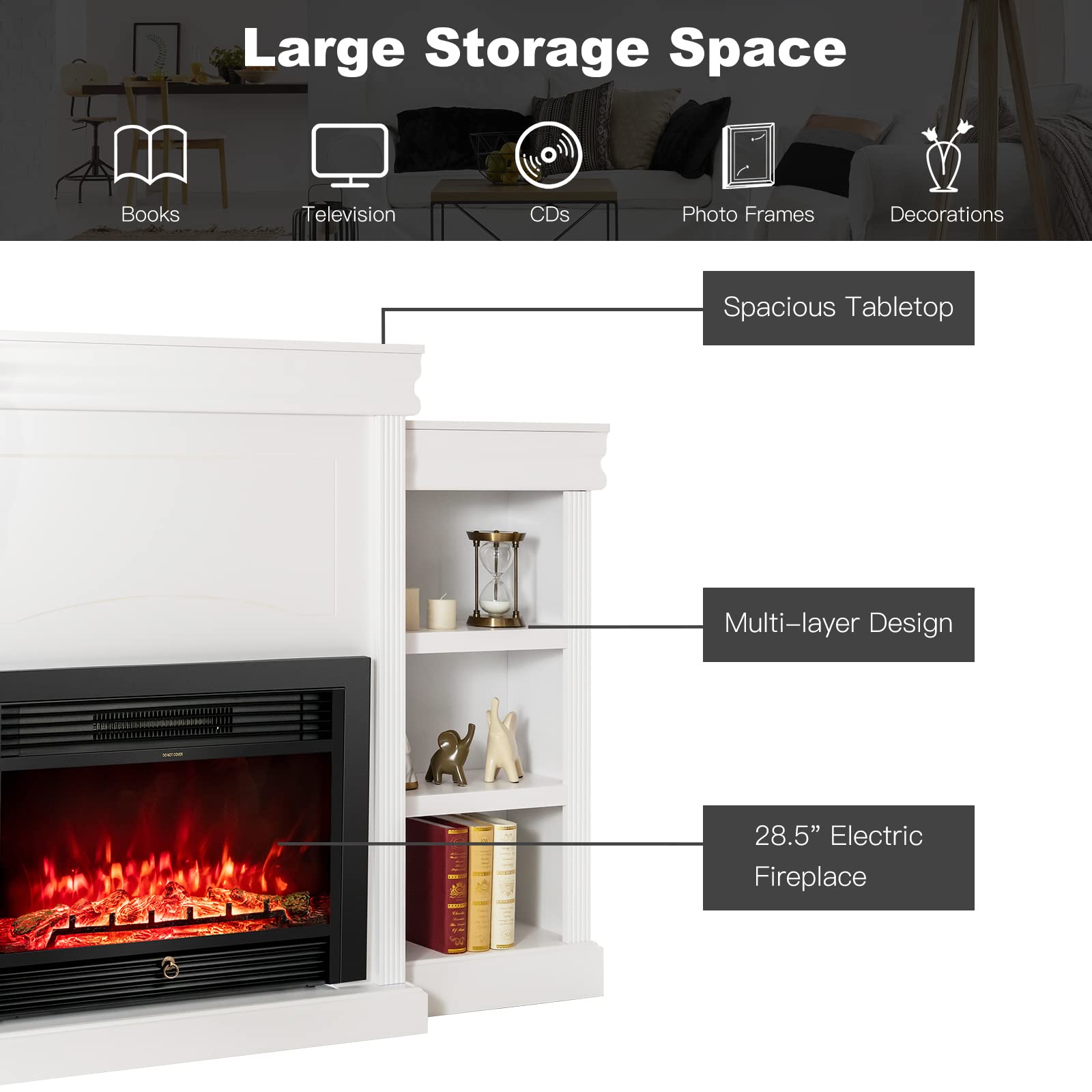 Tangkula 70 Inches Mantel Fireplace, 750W/1500W Electric Fireplace W/Mantel & Built In Bookshelves, 28.5 Inch Electric Fireplace