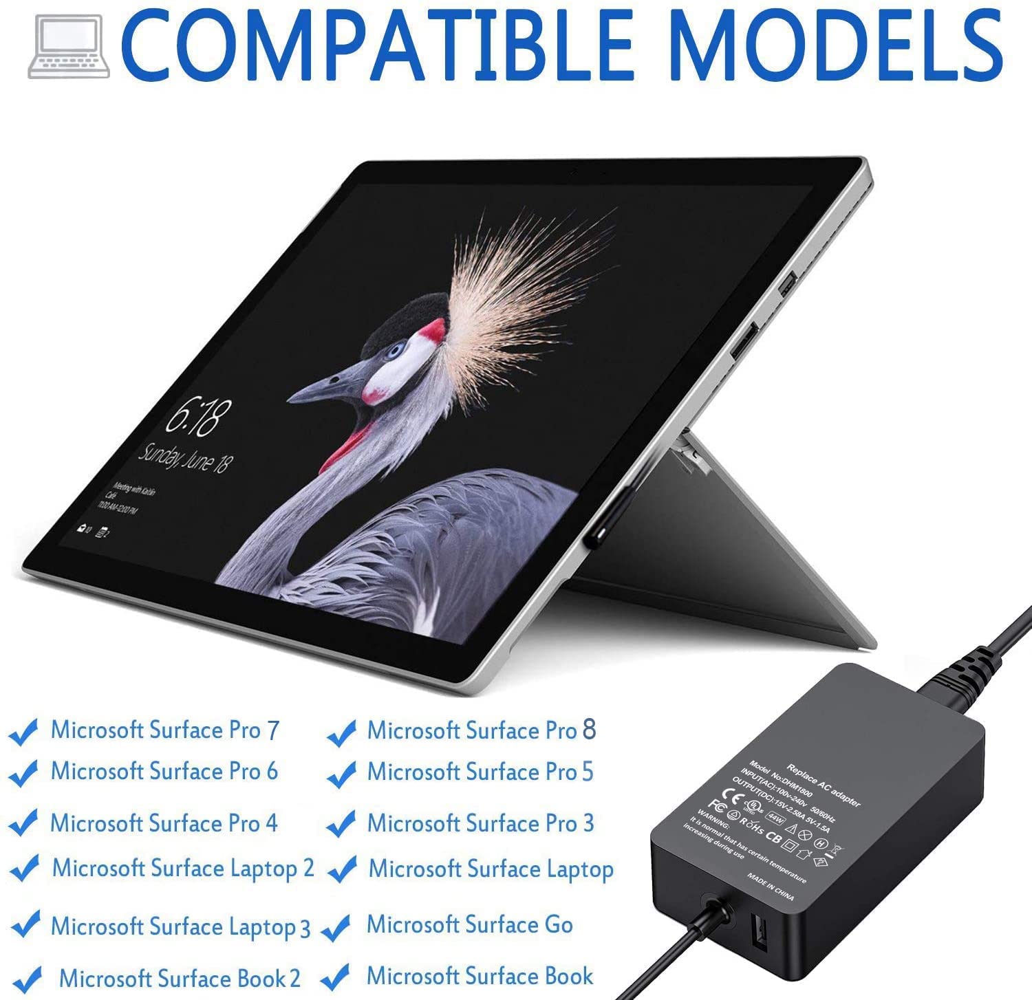 Surface Pro Charger, 65W 15V 4A Surface Laptop Charger Power Supply For Microsoft Surface Pro 3/4/5/6/7/8/9/X Surface Laptop 1/2