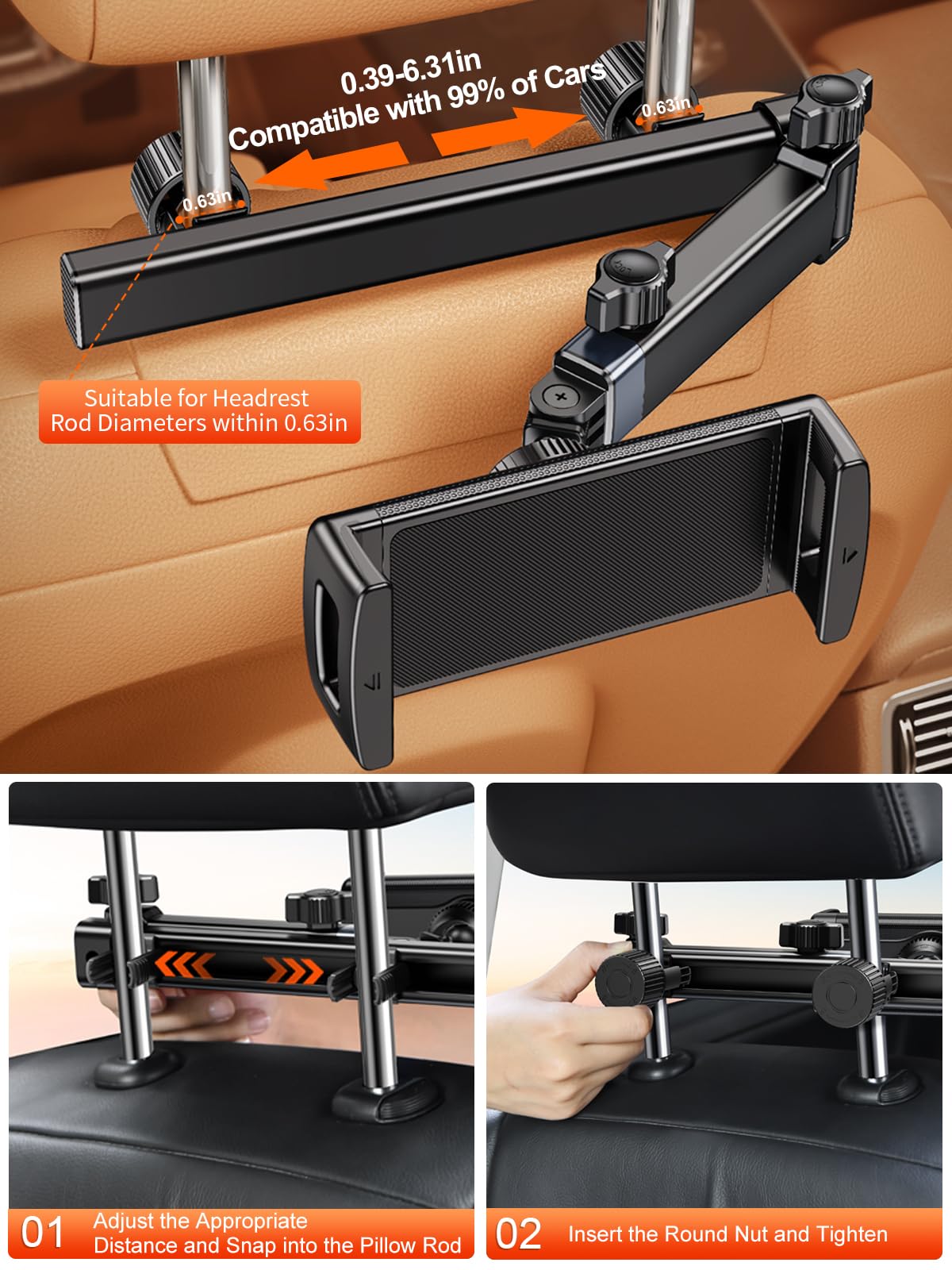 Nediea Headrest Tablet Holder, Car Headrest Tablet Stand, Extension Arm Car Back Seat Mount Tablet Holder For Kids, Compitible With 4.7 12.9' Tablet Ipad Pro, Air, Mini, Galaxy, Fire