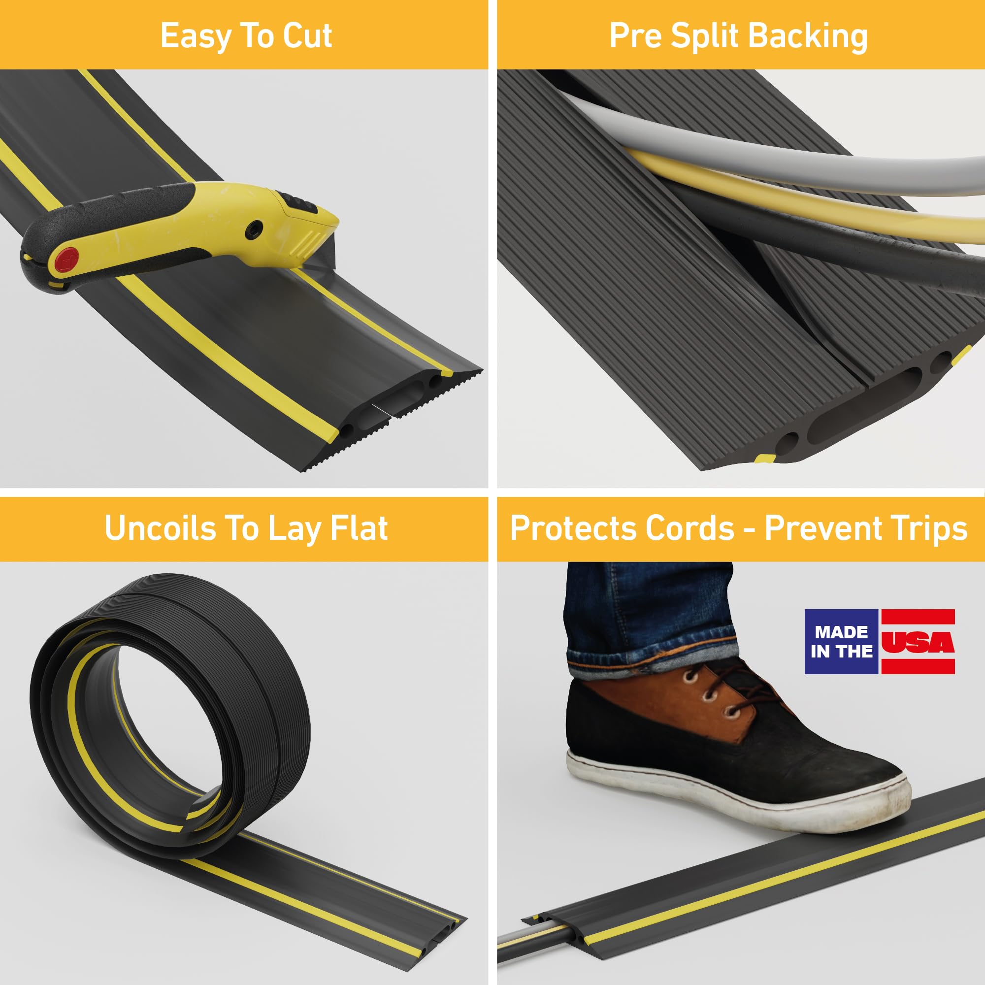 D-Line 6ft Floor Cord Cover Cable Protector Linkable Heavy Duty PVC Black/Yellow FC83H