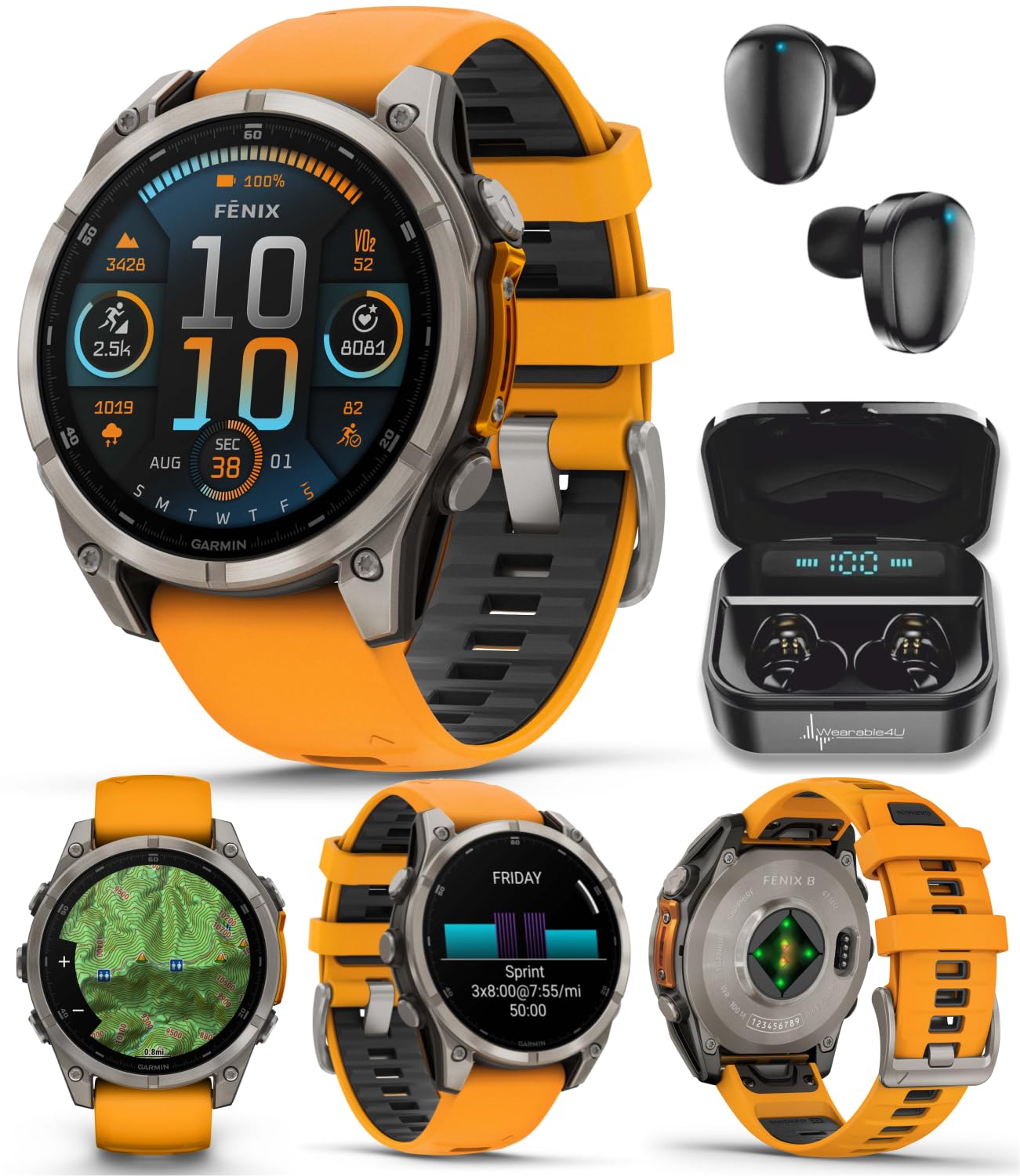 Wearable4U - Garmin Fenix 8 - 47 mm, AMOLED Sapphire Multisport GPS Smartwatch, Titanium with Spark Orange/Graphite Silicone Ban