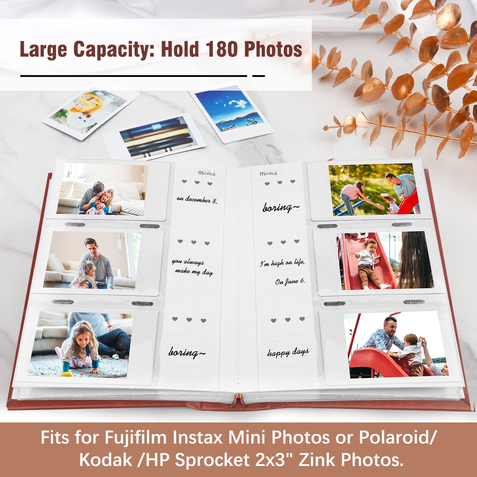 Photo Album For Fujifilm Instax Mini Camera, 180 Pockets Photo Album With Writing Space For Polaroid, Leather Cover, 2X3 Photo Album For Instax Mini 12 11 9 40 8 7 Evo Liplay Instant Camera (Brown)