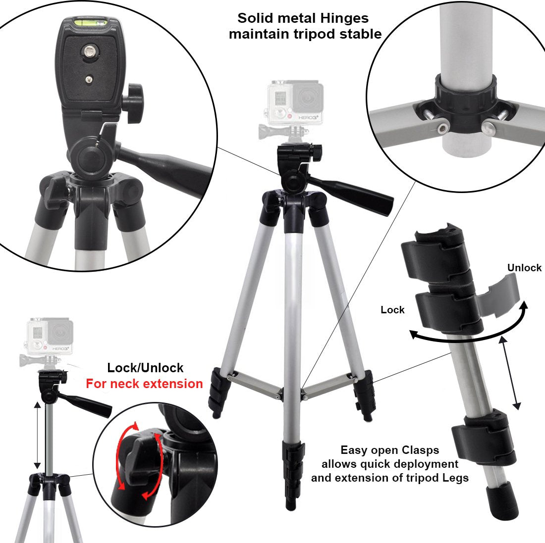 50 Aluminum Camera Tripod With Built In Bubble Level Indicator For All Gopro Hero Cameras + Tripod Mount & An Ecostconnection Mi