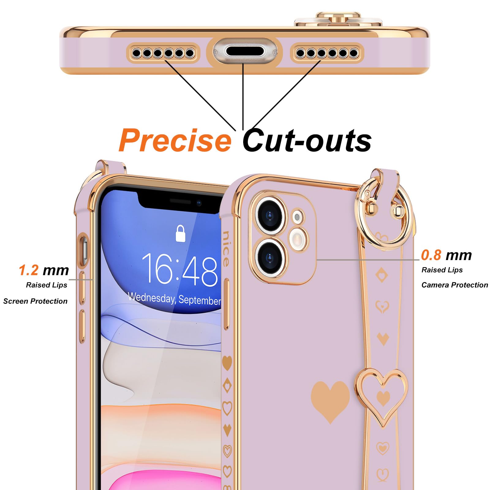 Llz.Coque For Iphone 12 Case Cute Love Heart Plating Wristband Phone Cover For Women Girls Bling Soft Silicone Camera Lens Prote