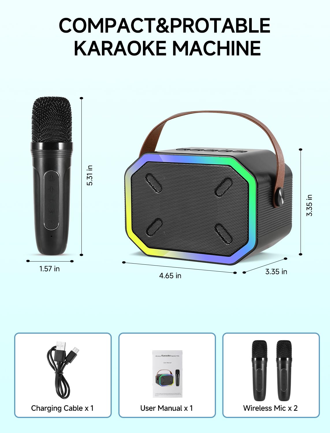 Karaoke Machine For Kids And Adults, Mini Portable Bluetooth Speaker With 2 Wireless Microphones, Led Lights For Tv, Kids Gifts