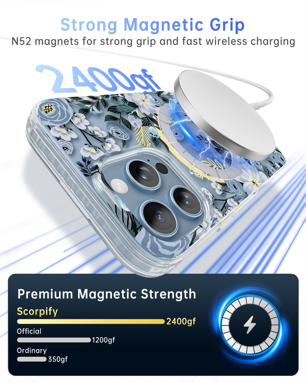 Scorpify For Iphone 16 Pro Max Case [Compatible With Magsafe] With Blue Nemophila Floral Design, Cute Clear Flower Magnetic Phon