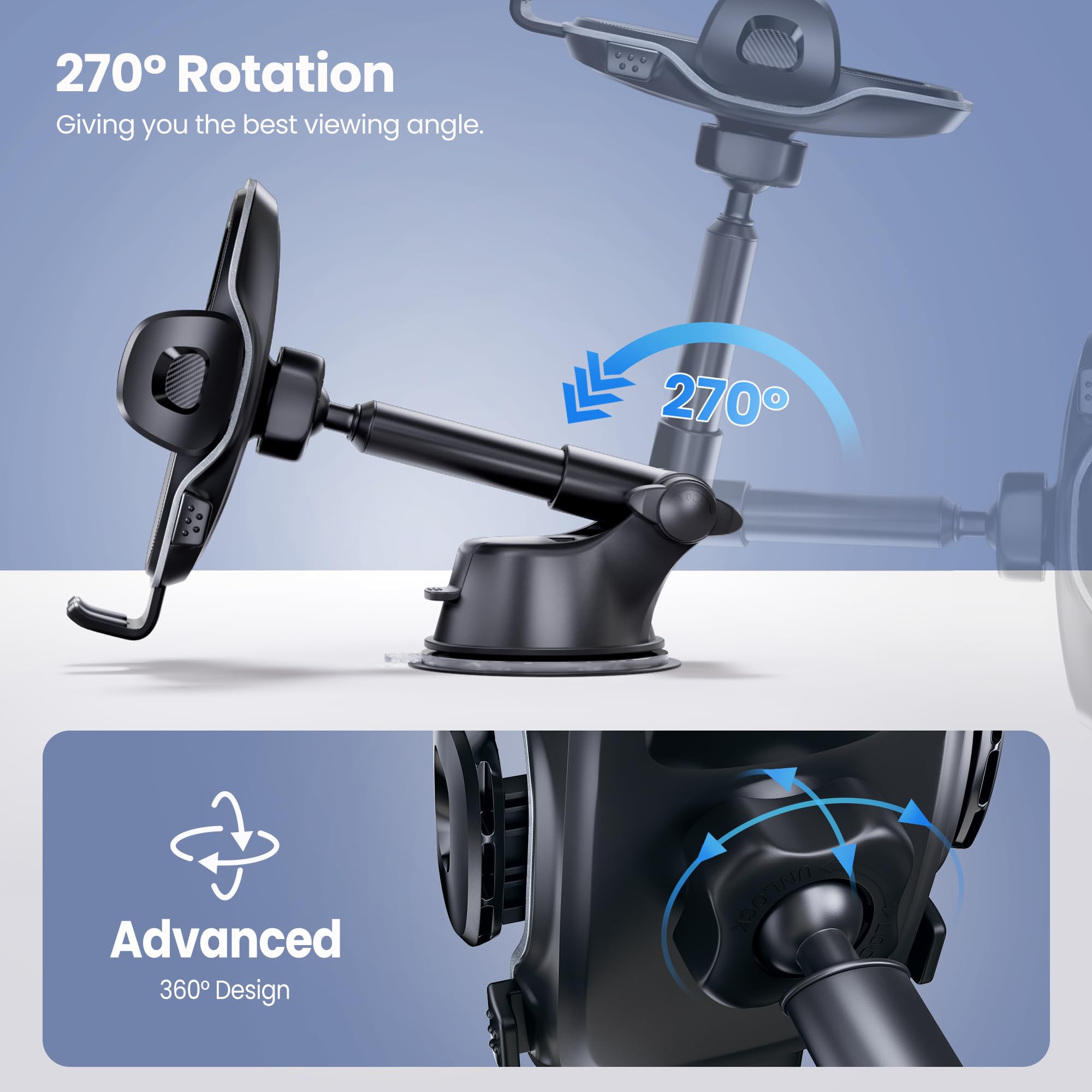 Car Phone Holder, Phone Holders For Your Car Dashboard Windshield, 360 Adjustable (4.8-7'') Telescopic Arm, Suction Cup Cell Pho