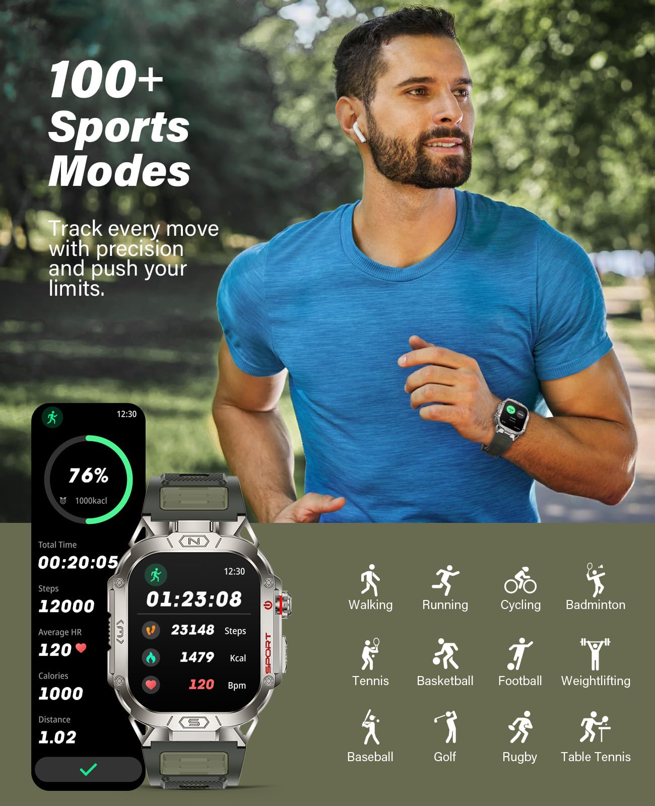 Souyie Smart Watch For Men With Led Flashlight, 2.02 '' Hd Display Rugged Outdoor Sport Smartwatch With Compass/Altimeter/Barome