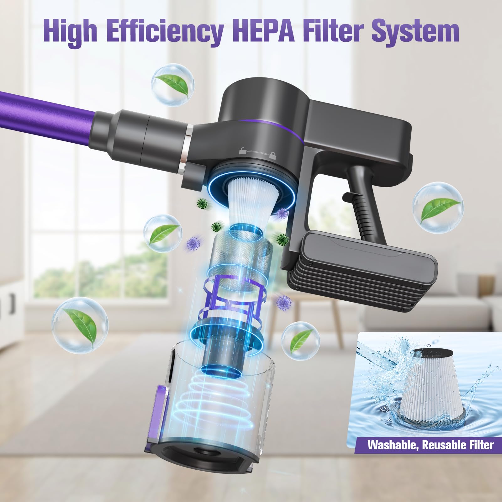 Totte Cordless Vacuum Cleaner, 550W 45Kpa 60 Mins, 2500Mah Detachable Battery, Stick Vacuum Cleaners Led Touch Screen, Wall Moun