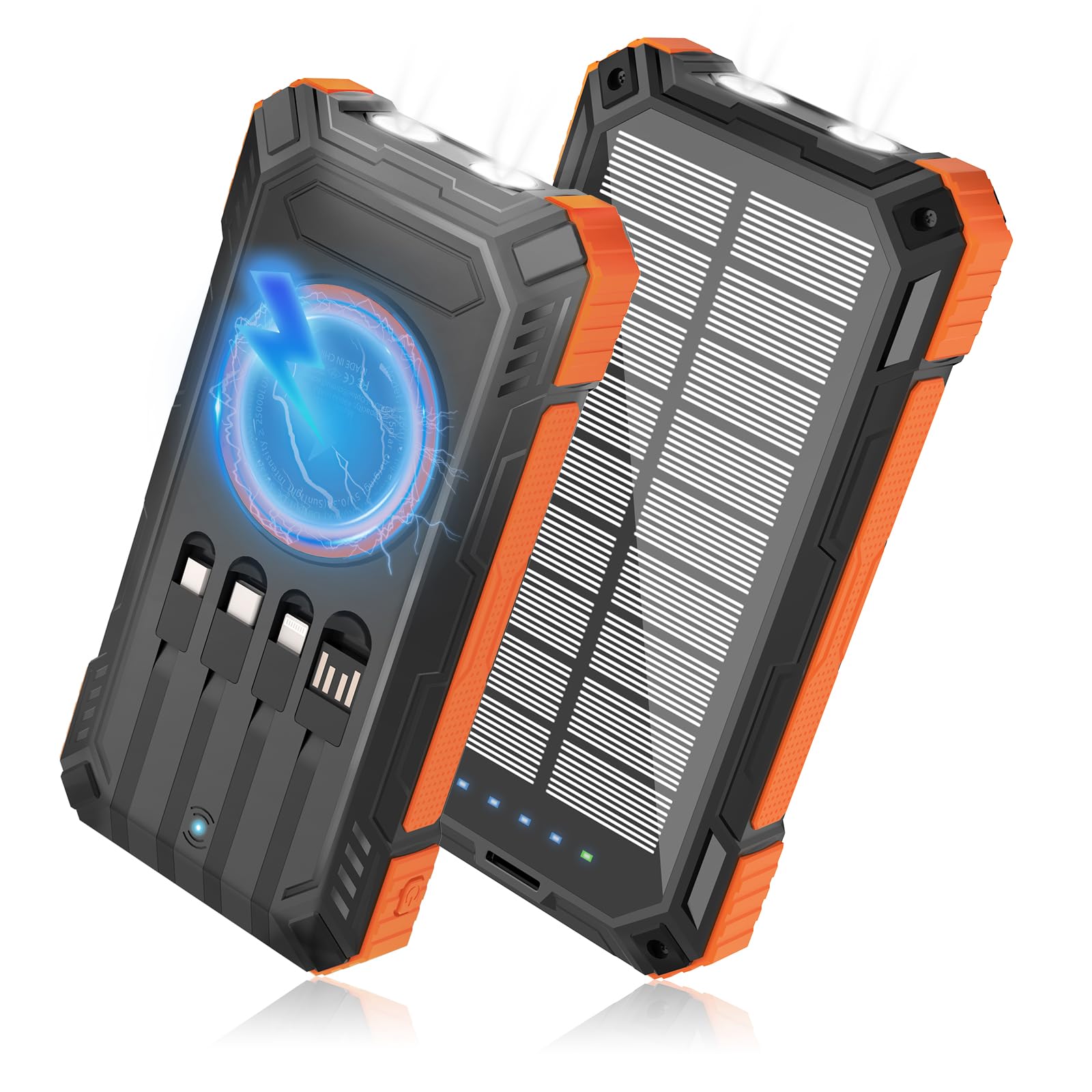 Solar Power Bank 49800mAh  Wireless Portable Charger 15W Fast Charging with 4 Builtin Cables. Equipped with a Powerful Flashli