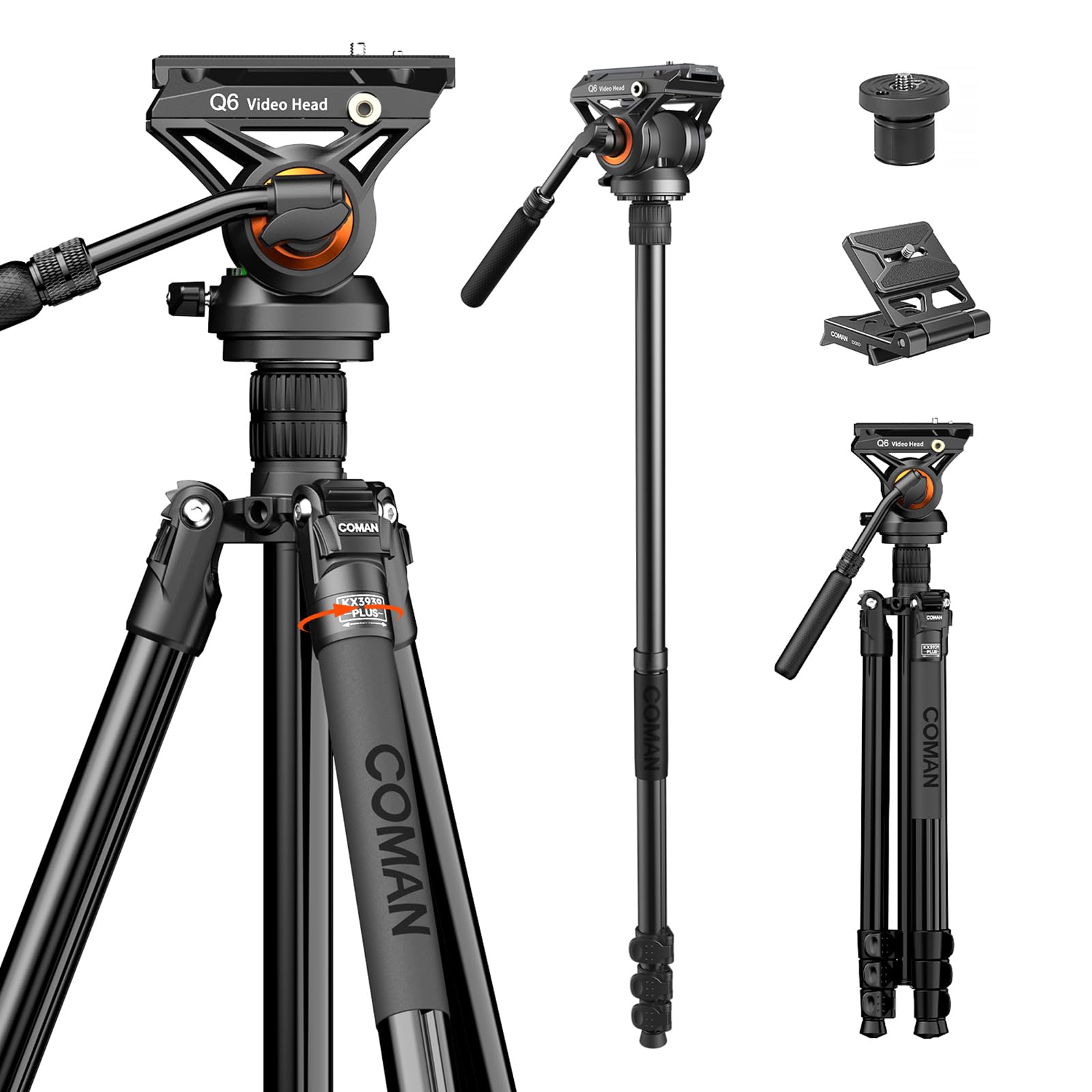 Coman Fluid Head Tripod For Dslr Camcorder,Camera Monopod Tripod 360 Pan&+90/ 70 Tilt,New Q6 Fluid Head Aluminum Alloy Qr Plate 