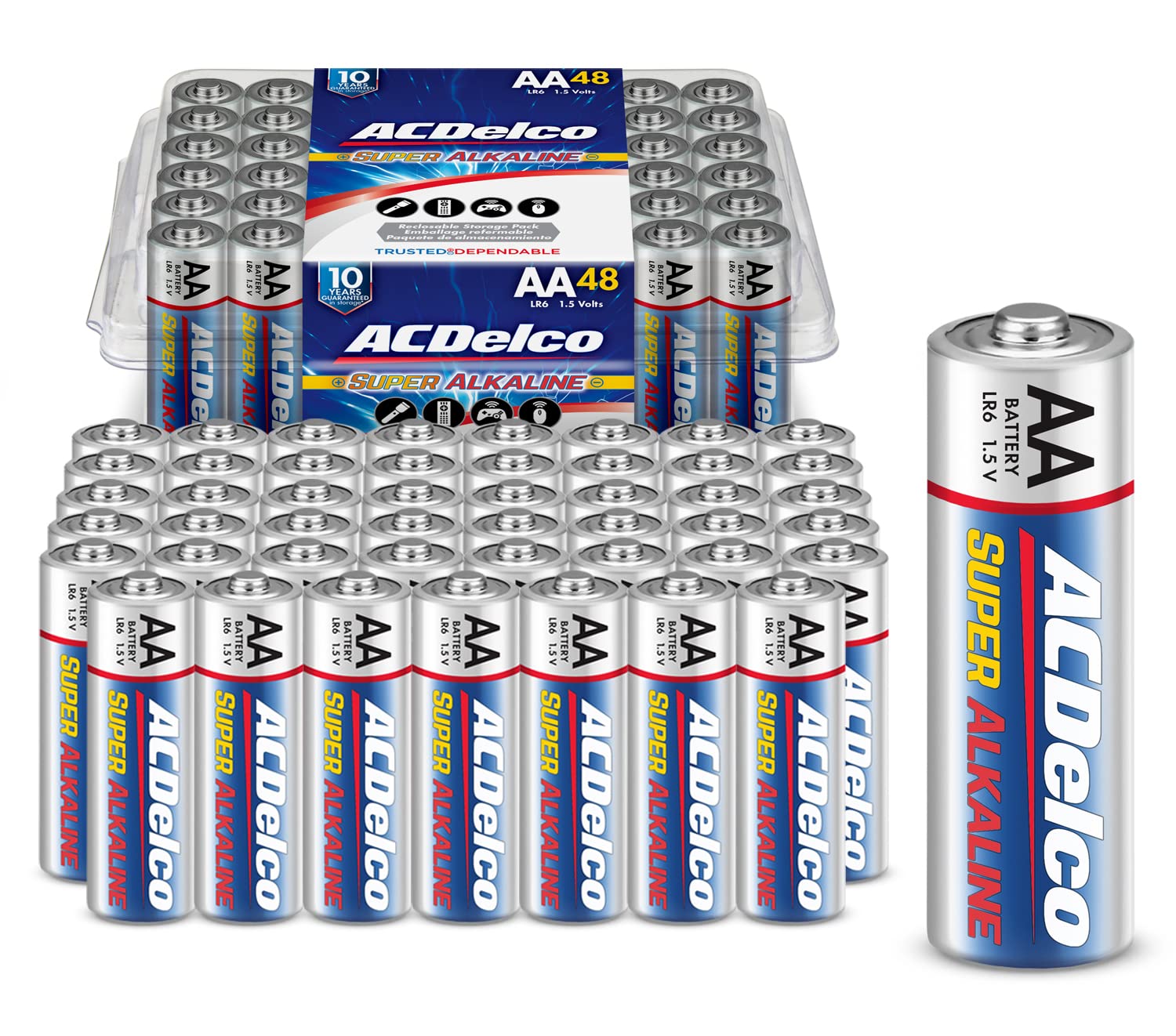 Acdelco 48 Count Double Aa Batteries, Maximum Power Super Alkaline Battery, 10 Year Shelf Life, Reclosable Packaging