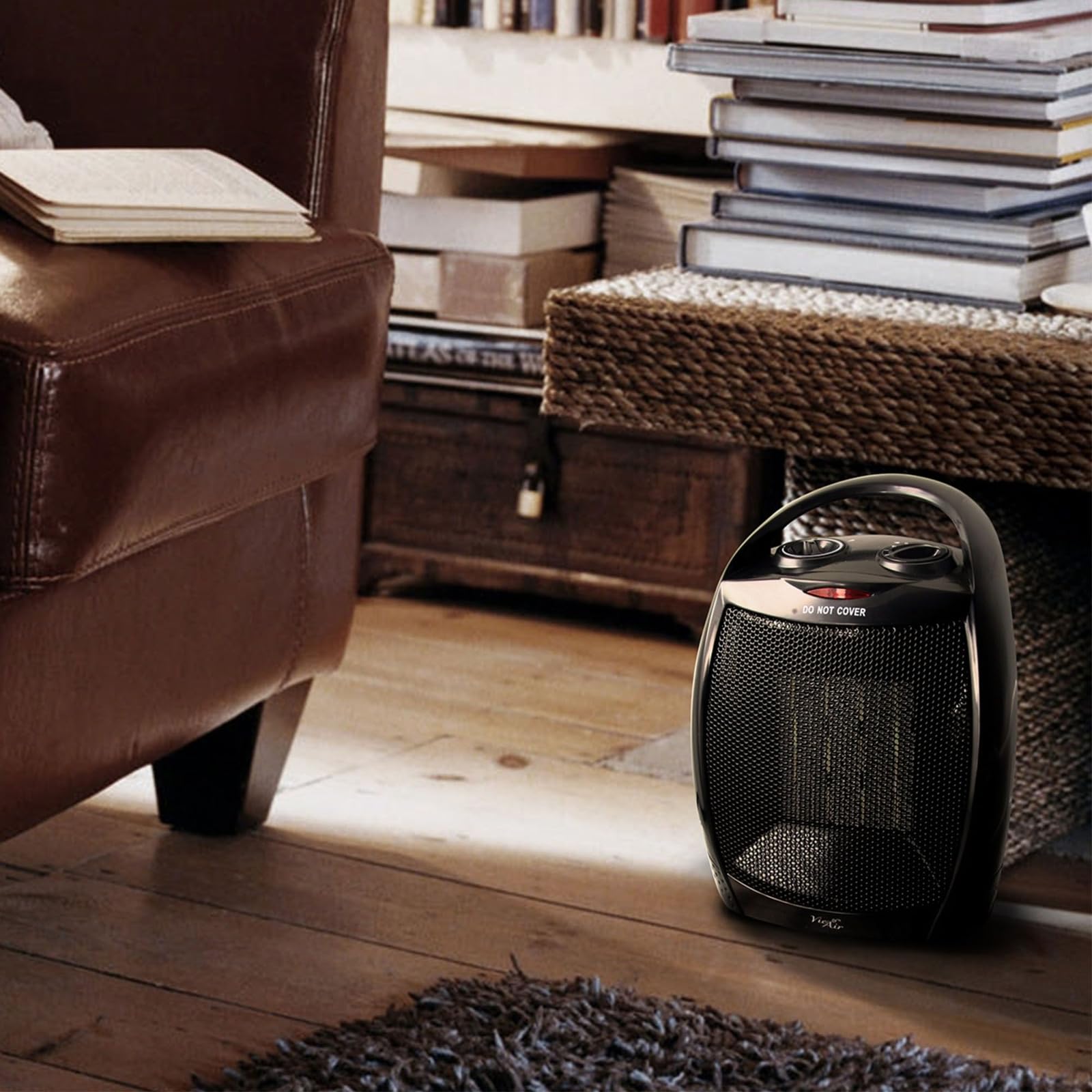 Vie Air Portable 2-Settings Ceramic Heater With Adjustable Thermostat, 1500W, Black, Small