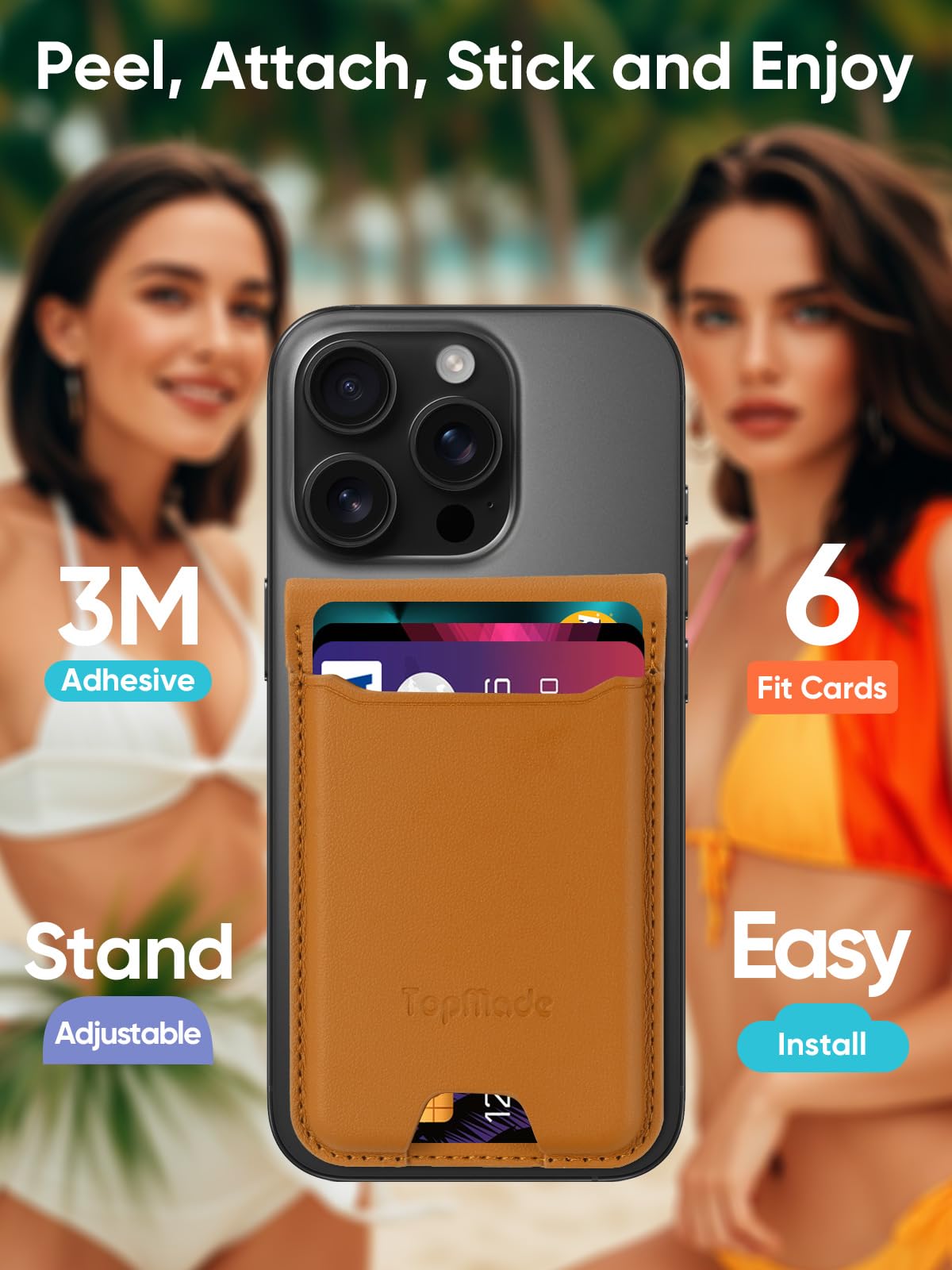 Topmade Phone Card Holder, Leather Phone Wallet Stick On With Stand, Open Id Window, Strongest 3M Adhesive Credit Card Holder Fo