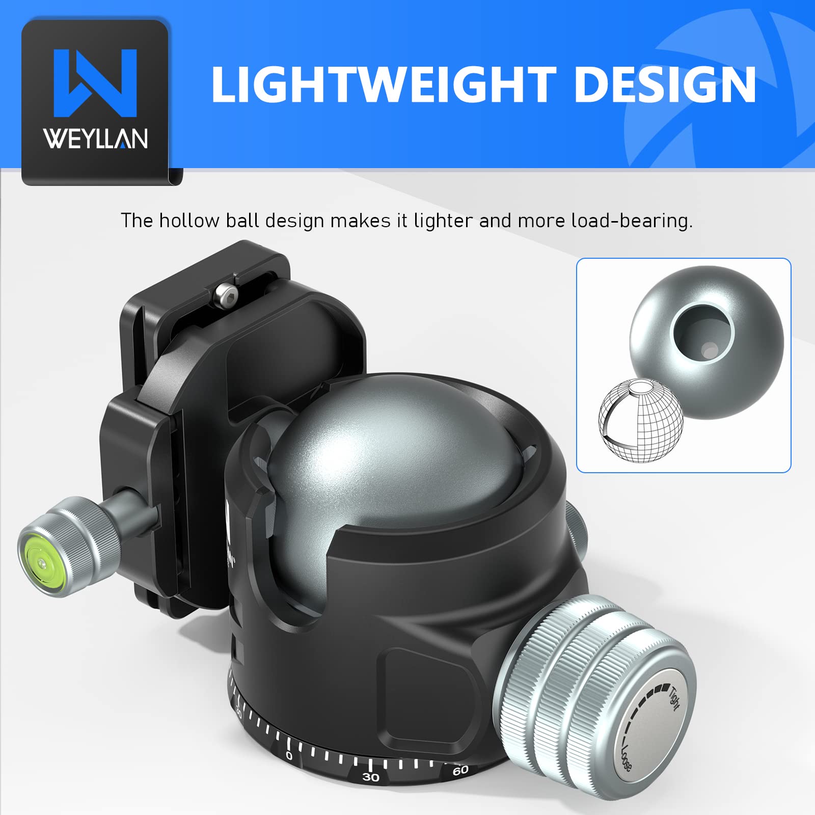 Low Profile Ball Head 52Mm Tripod Head Weyllan Dh52 Camera Head Mount, Cnc Heavy Duty Ball Head With Two 1/4'' Quick Release Pla