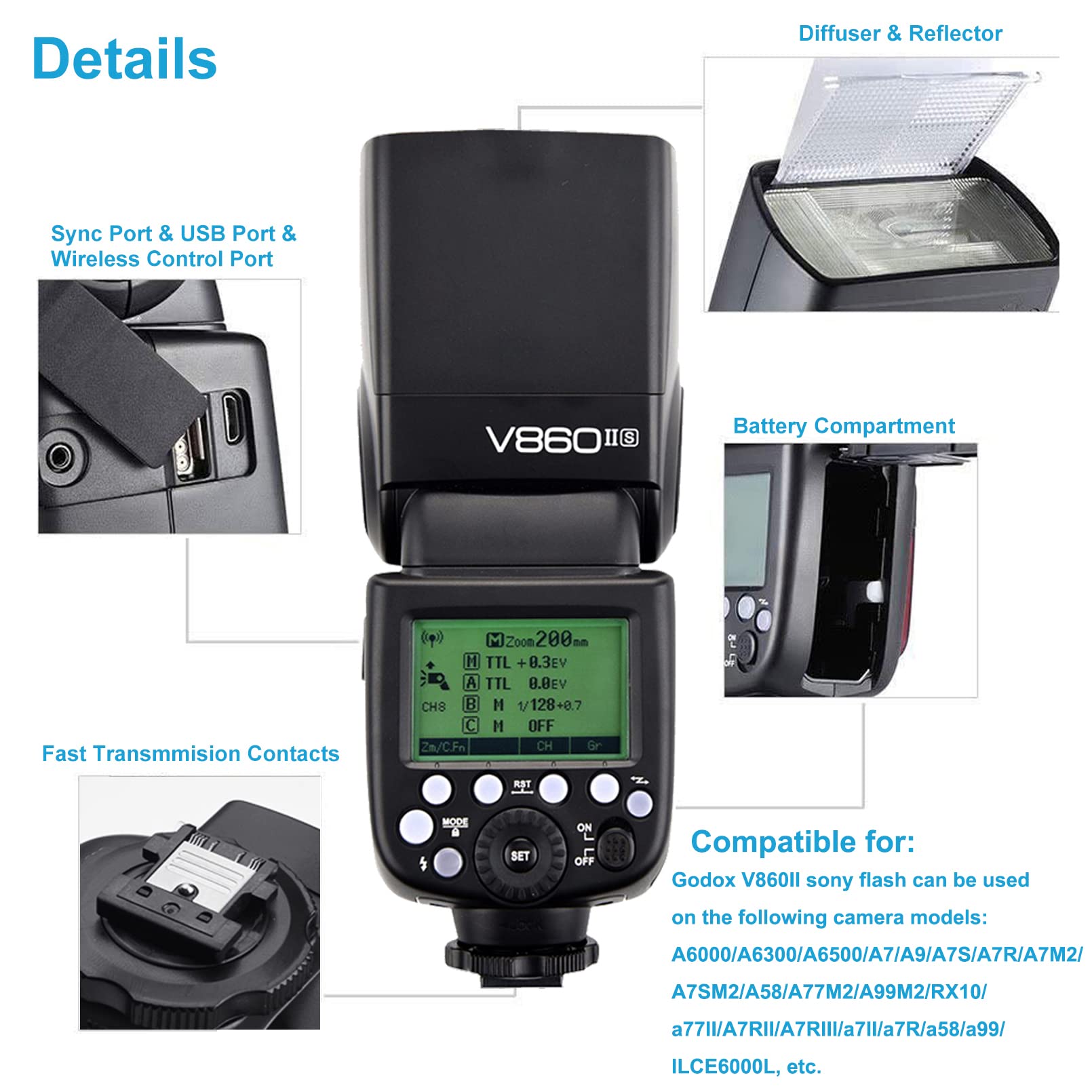 Godox V860Ii-S Ttl Flash For Sony, Gn60 2.4G Speedlite For Sony Hss 1/8000S, 2000Mah Li-Ion Battery, Approx. 650 Full Power Flas