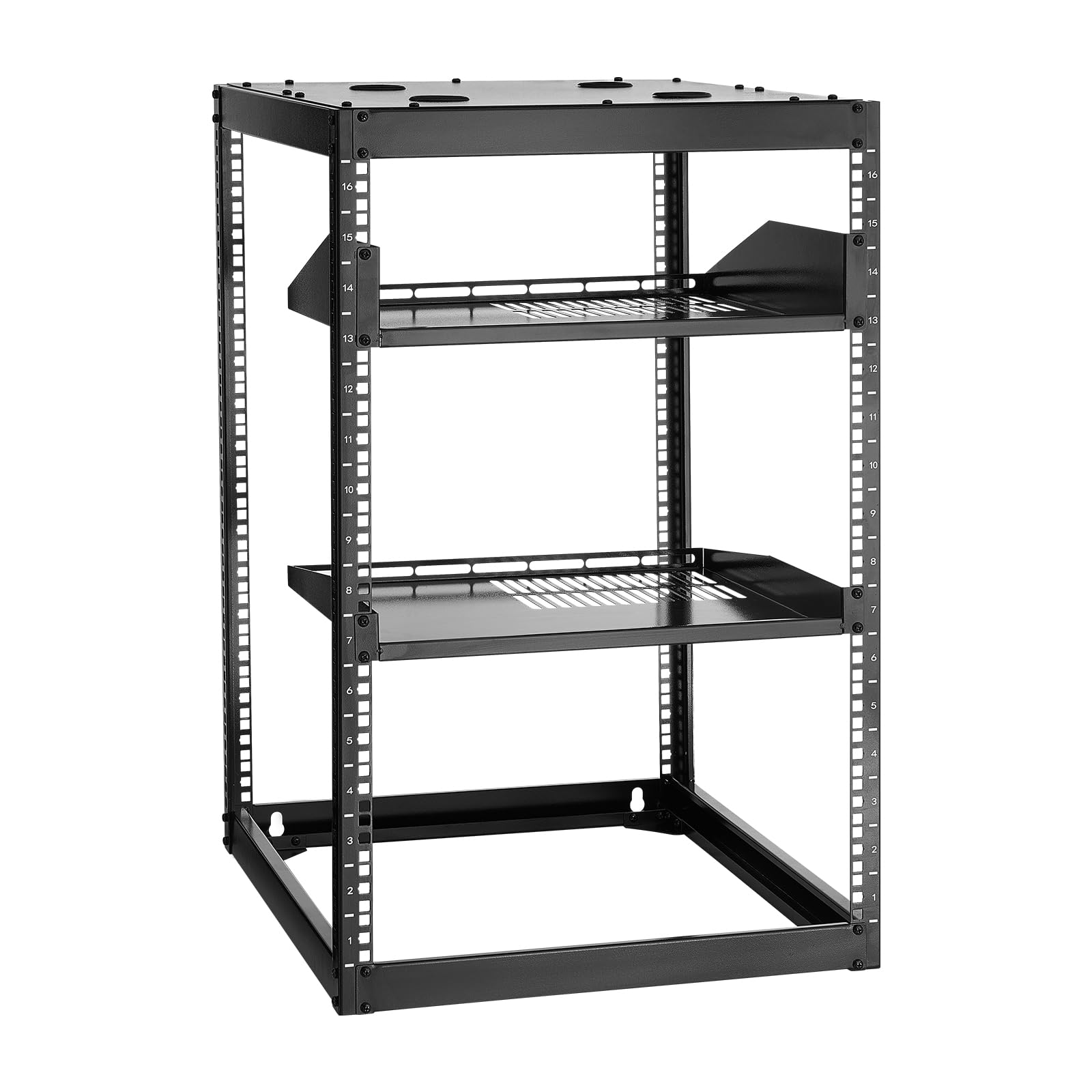 VEVOR 16U Open Frame Server Rack & Network Rack, Wall Mounted or Floor Standing, Heavy Duty 4 Post, with 2PCS Vented 1U Shelves 
