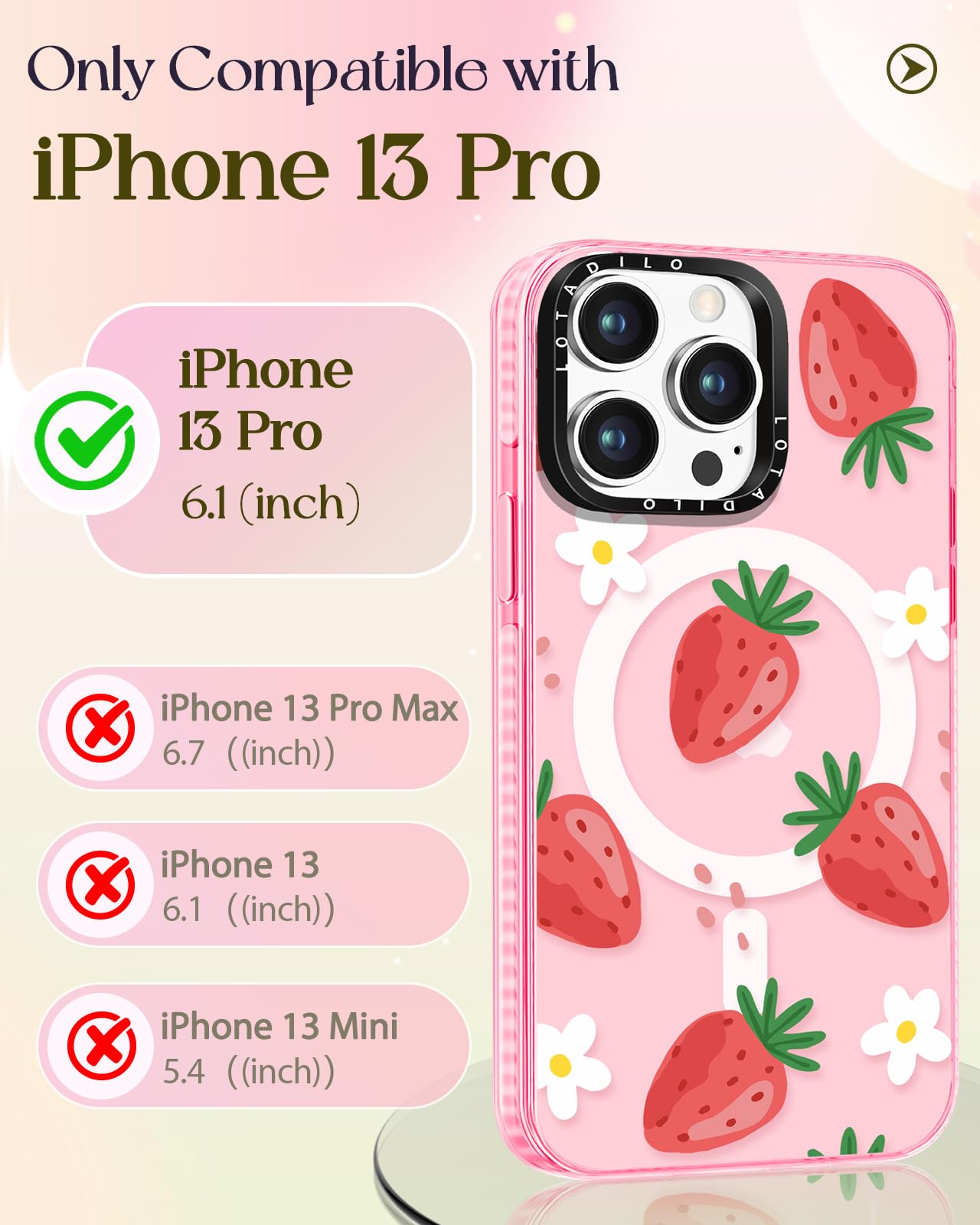 Lotadilo For Iphone 13 Pro Case For Women Girls - Cute Design Compatible With Magsafe Magnetic Ring Holder Stand Strawberry Flow