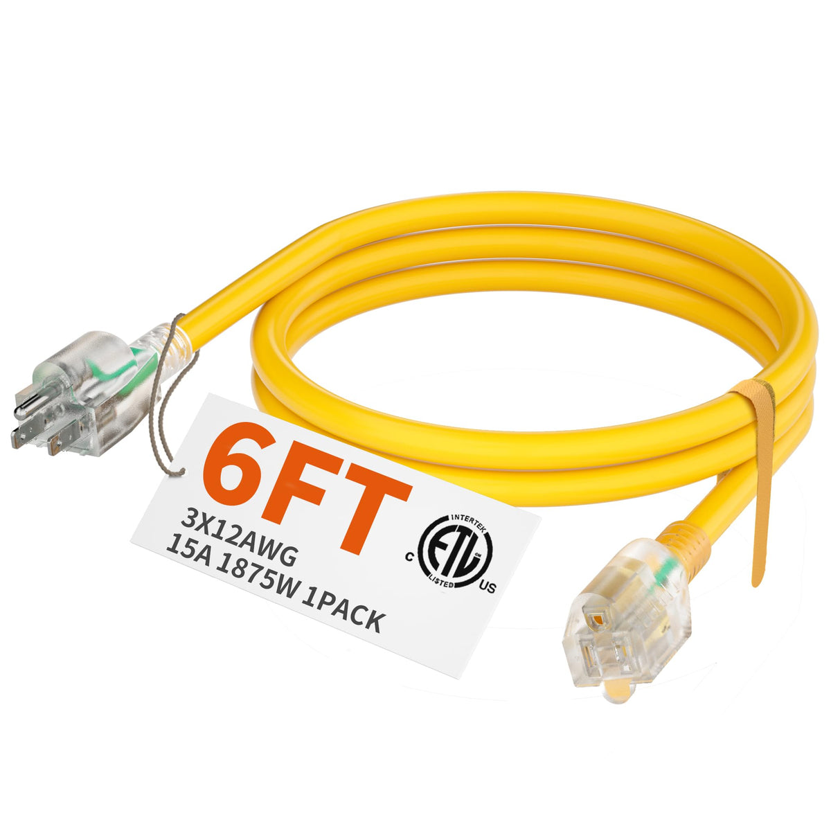 Huanchain 6 Ft 12/3 Gauge Heavy Duty Outdoor Extension Cord Waterproof With Lighted, Flexible Cold Weather 3 Prong Electric Cord