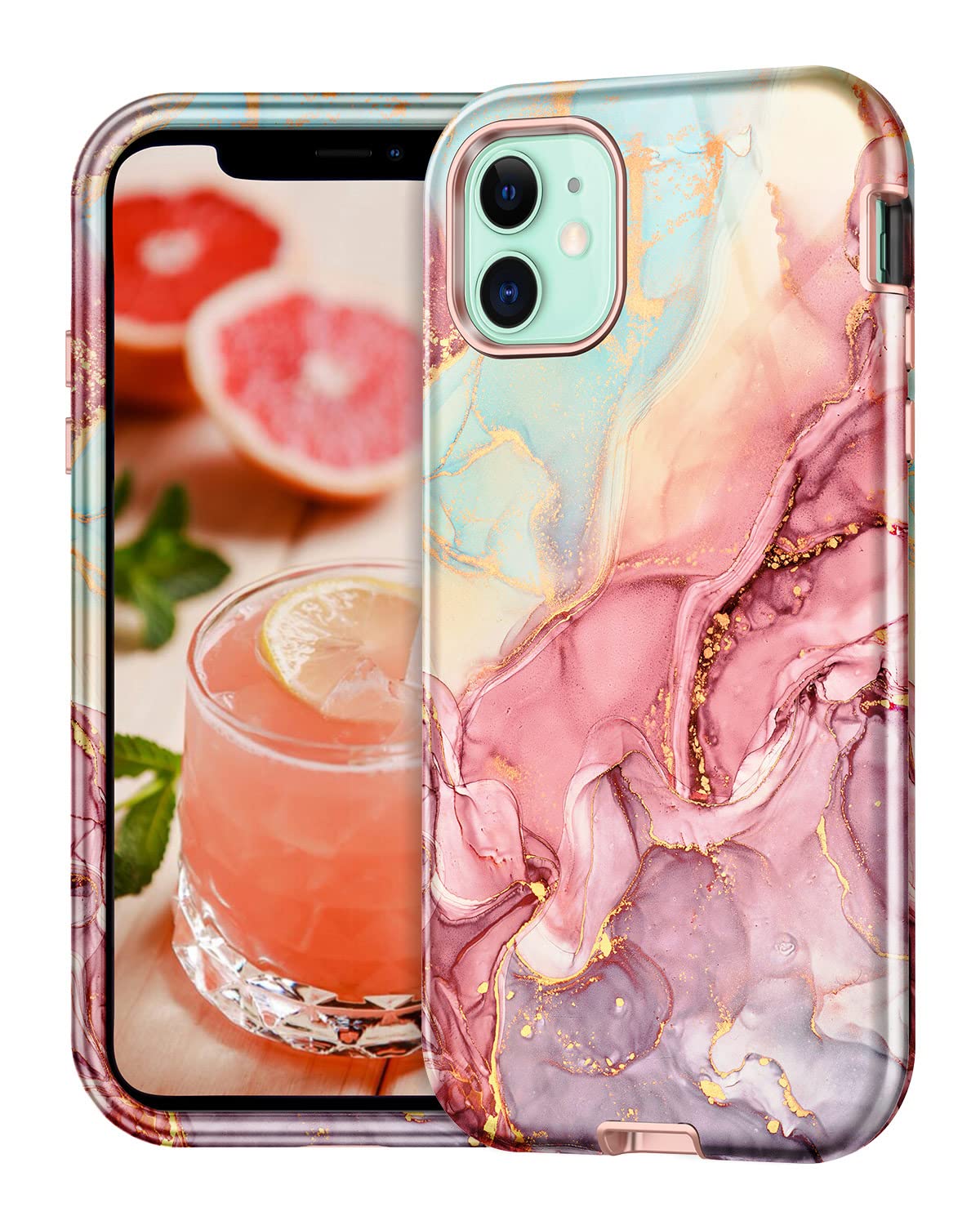 Casefiv Compatible With Iphone 11 Case,Marble Pattern 3 In 1 Heavy Duty Shockproof Full Body Rugged Hard Pc+Soft Silicone Drop P