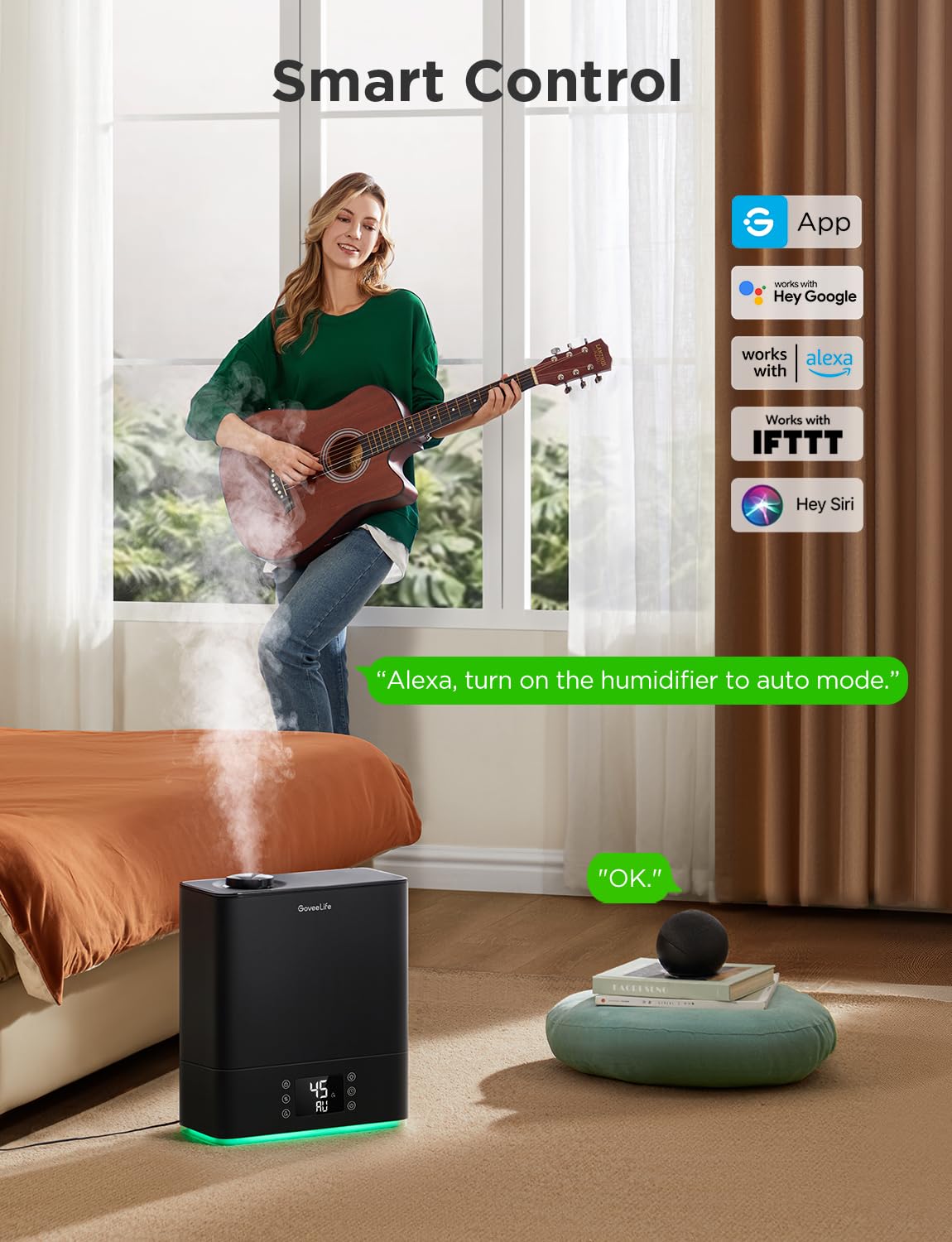 Goveelife Smart Humidifier For Bedroom Large Room, Top Fill Cool Mist 6L Humidifier, Auto Mode, App & Voice Control, 60H Runtime