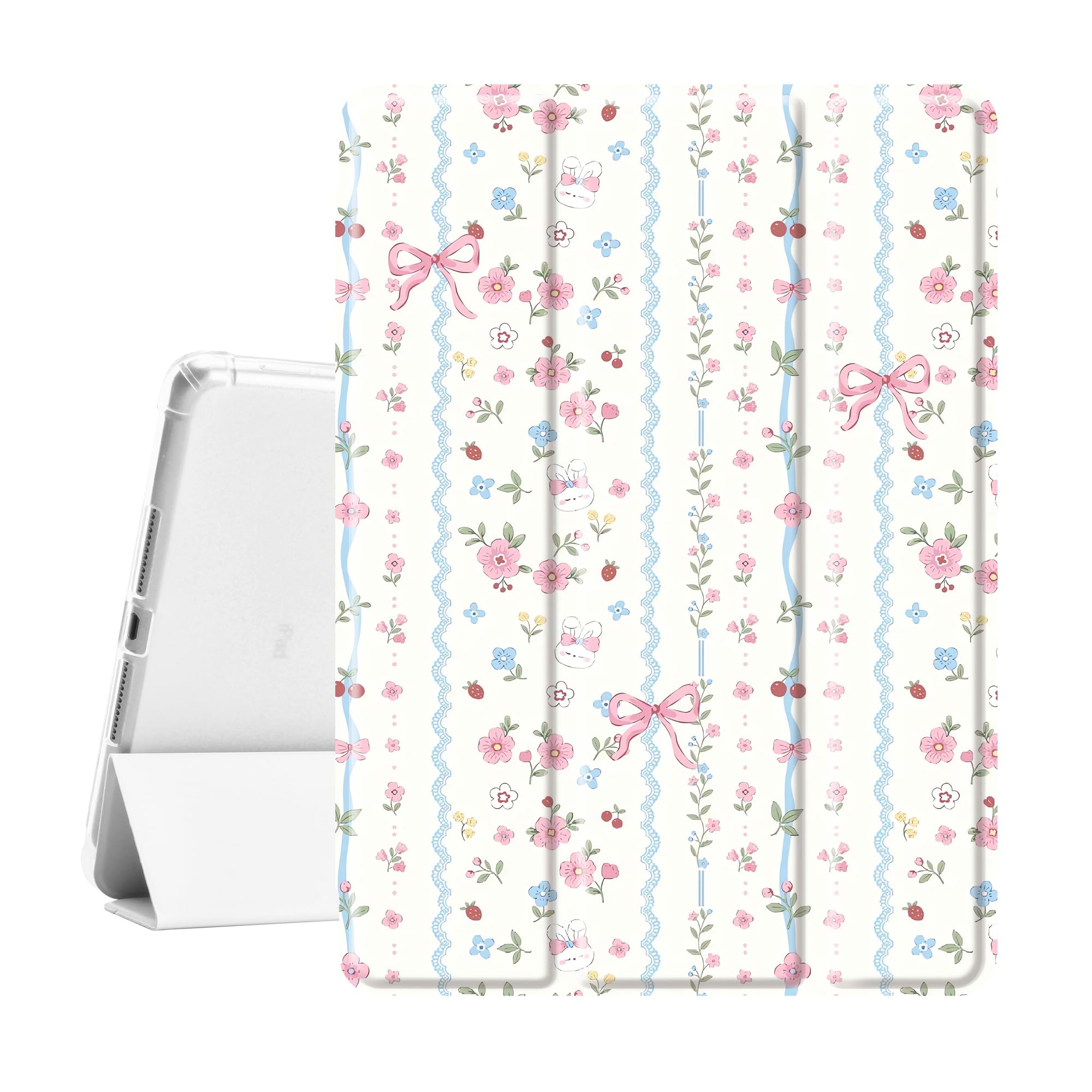 Idocolors Cute Kawaii Floral Bunny Bow Pad Case for 10.9 Inch iPad 2022/2025(iPad 10th/11th Gen), Clear TPU Smart Stand Back Cov