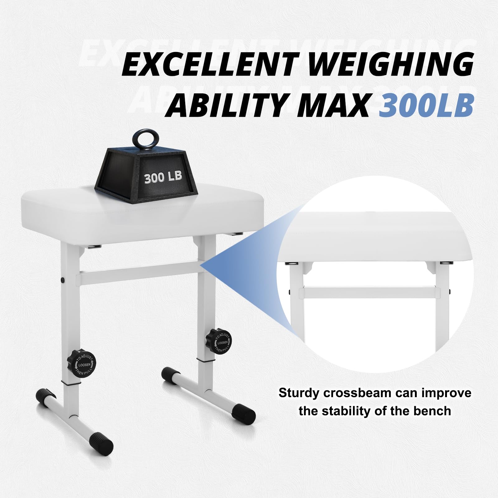 Tentoten Adjustable Height Piano Bench, Comfortable Padded Seat For Keyboard & Piano Stool, White