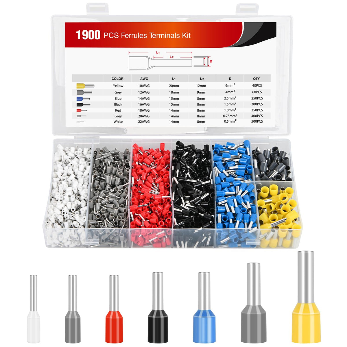 Nilight 1900Pcs Wire Ferrule Terminals Kit Awg 22 20 18 16 14 12 10 Gauge Wire Crimp Connectors Ferrule Nylon Insulated Pin Cord