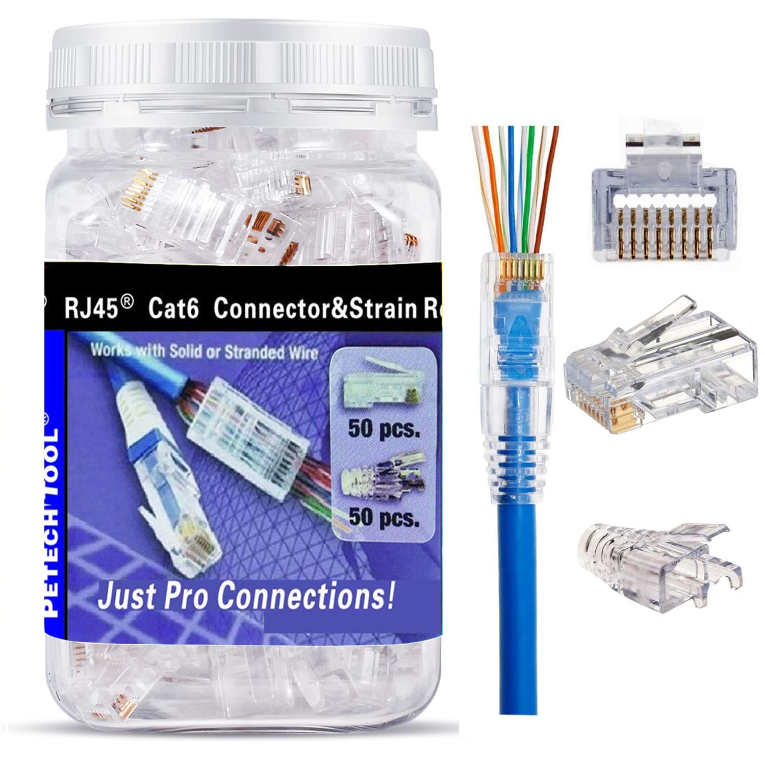 Petechtool Rj45 Cat6 Pass Through Connectors Gold Plated 8P8C Plugs And Strain Relief (50Xcat6Plug+50Xstrain Relief)