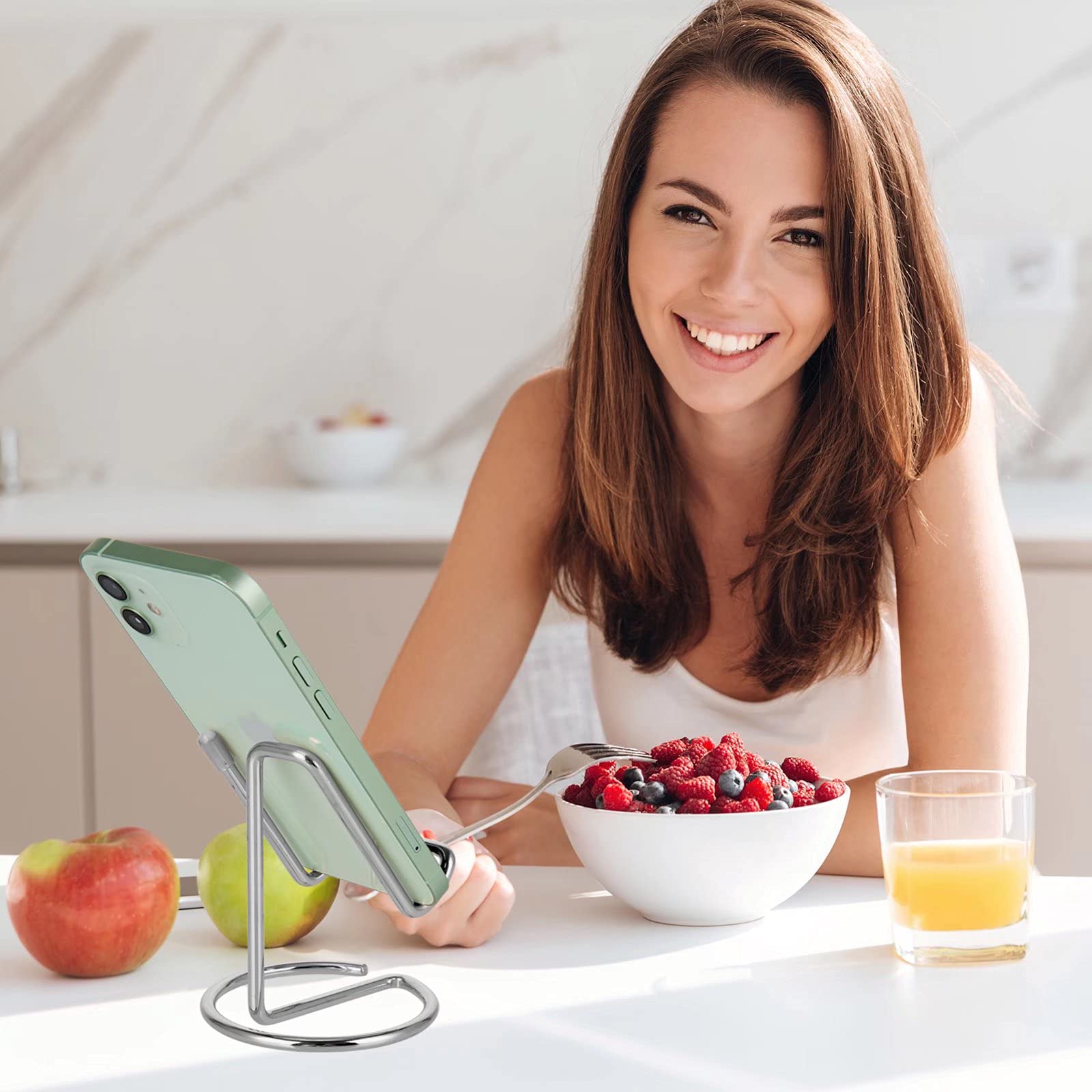 Roposy Cell Phone Stand For Desk, Cute Metal Silver Cell Phone Stand Holder Desk Accessories, Compatible With All Mobile Phones,