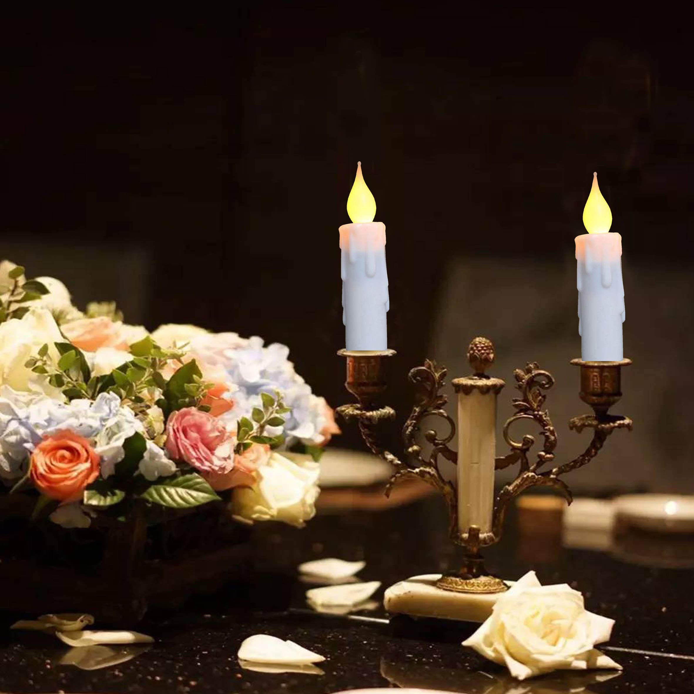 Lincountry.White Short Taper Candles Battery Operated Flickering Flame,Short Flameless Taper Candles With Timer Realistic,4.75In