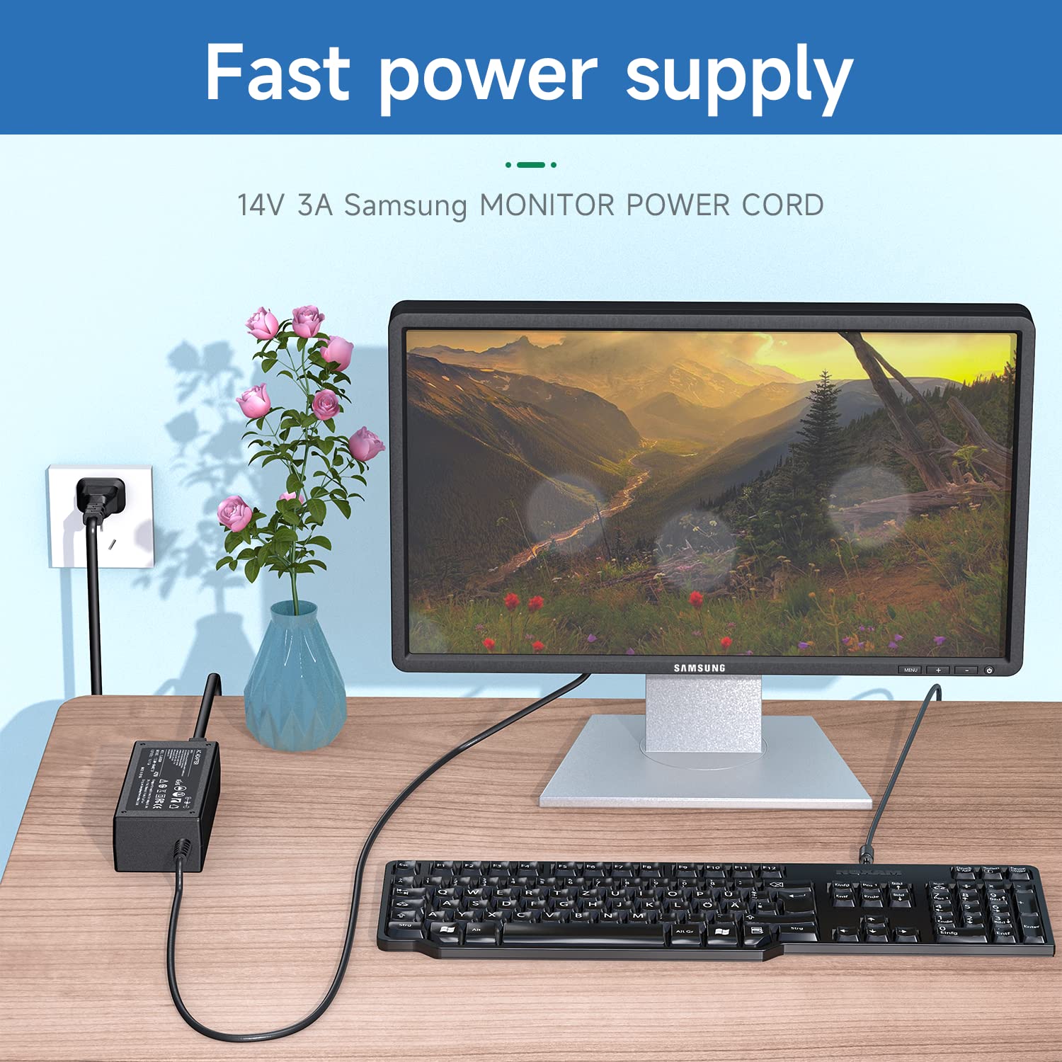 Syfrufo 14V Power Cord for Samsung Monitors 15-27, Compatible with SyncMaster S22C300H, P2770, UE590, Black AC/DC Adapter