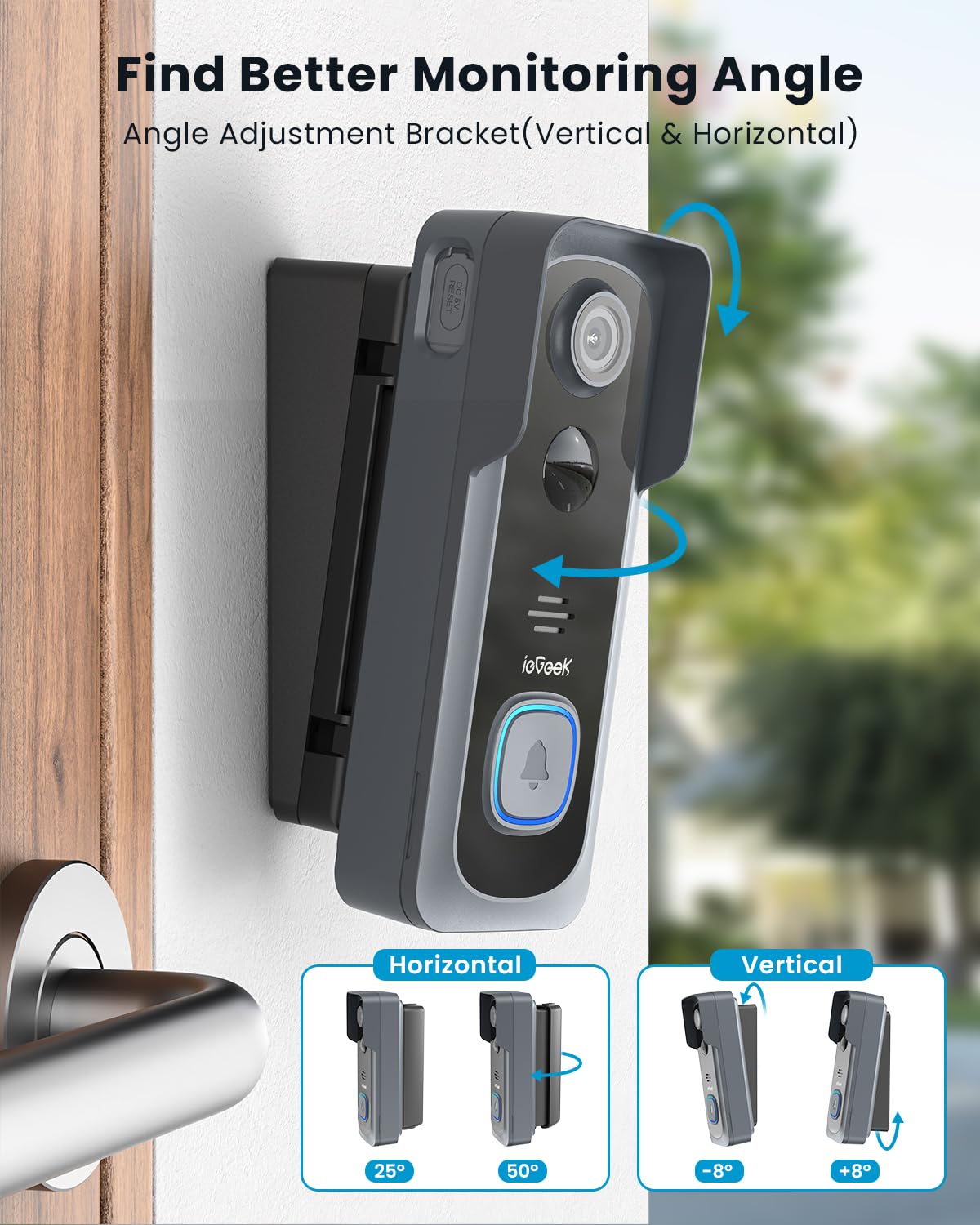 Iegeek 2K Doorbell Camera Wireless No Subscription With Adjustable Doorbell Angle Mount, Video Doorbell With Chime, Pir Motion D