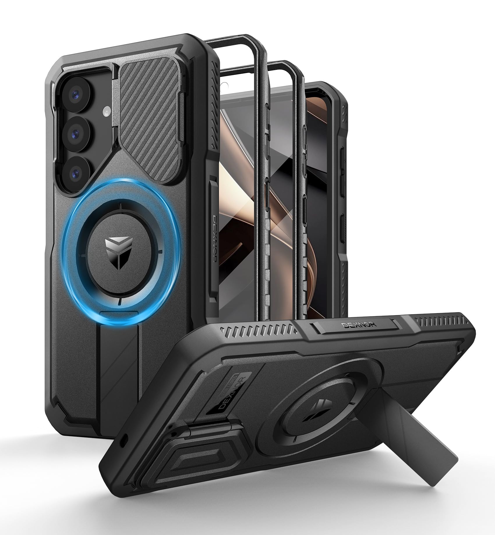 Dexnor for Samsung Galaxy S25 Case with Camera Cover & Adjustable Kickstand & Built-in Screen Protector, Magnetic Rugged Shockpr