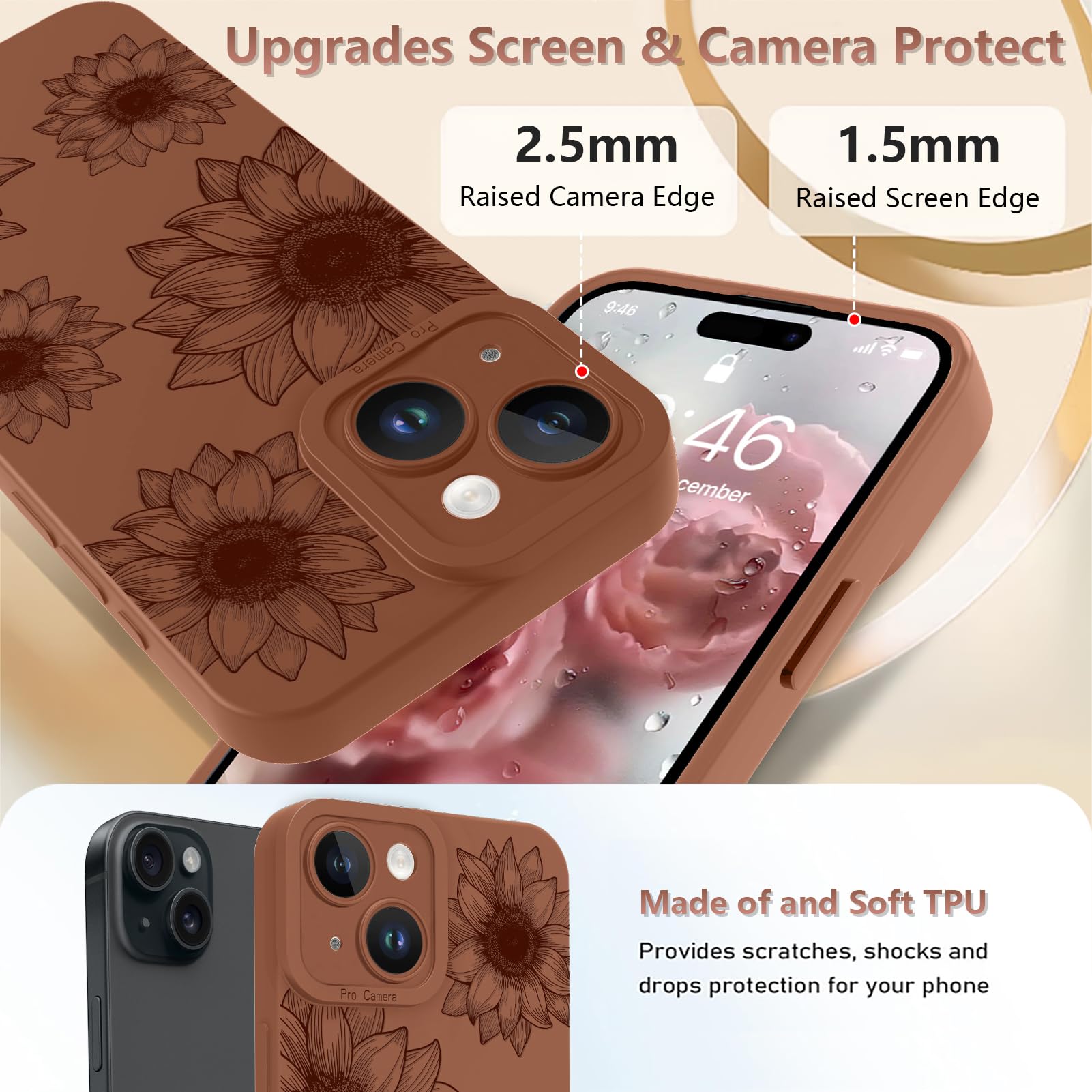 Ook Floral Case For Iphone 15 Plus Case, Cute Sunflower Floral Blooms Design Soft Tpu Shockproof Protective For Women Girls Slim