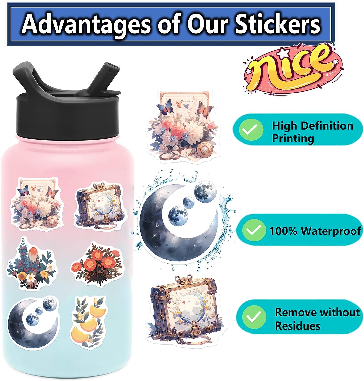 Yoksas Nature Flower Moon Stickers   50Pcs Vinyl Aesthetics Forest Plants Stickers For Water Bottles,Laptops,Scrapbooks,Journals