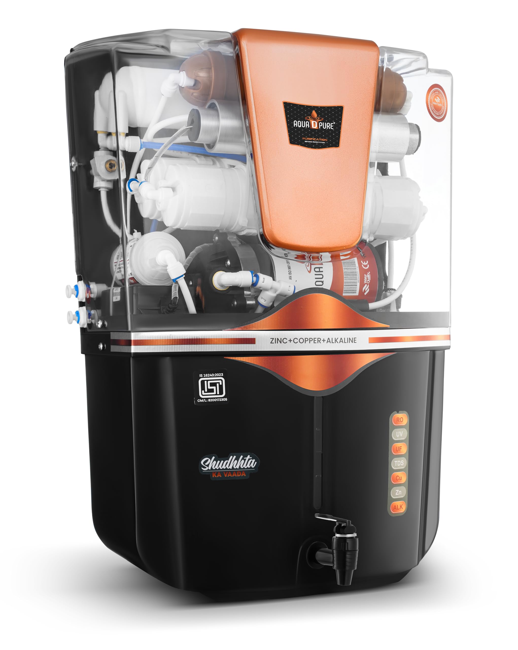 Aqua D Pure Ro Water Purifier With 4 In 1 Copper+Zinc+Alkaline Technology, 12 Liter, Uv, Uf, Tds Adjuster, Multisource Water Com