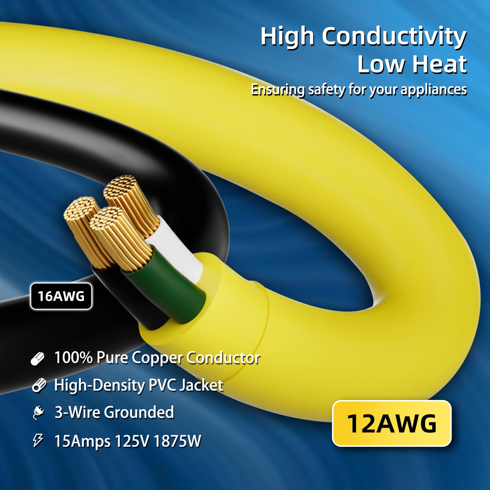 Islewire 12 Gauge Outdoor Extension Cord 25 Ft Waterproof, 3 Prong Plug, Sjtw Heavy Duty 15A 1875W, Yellow Extension Cable With