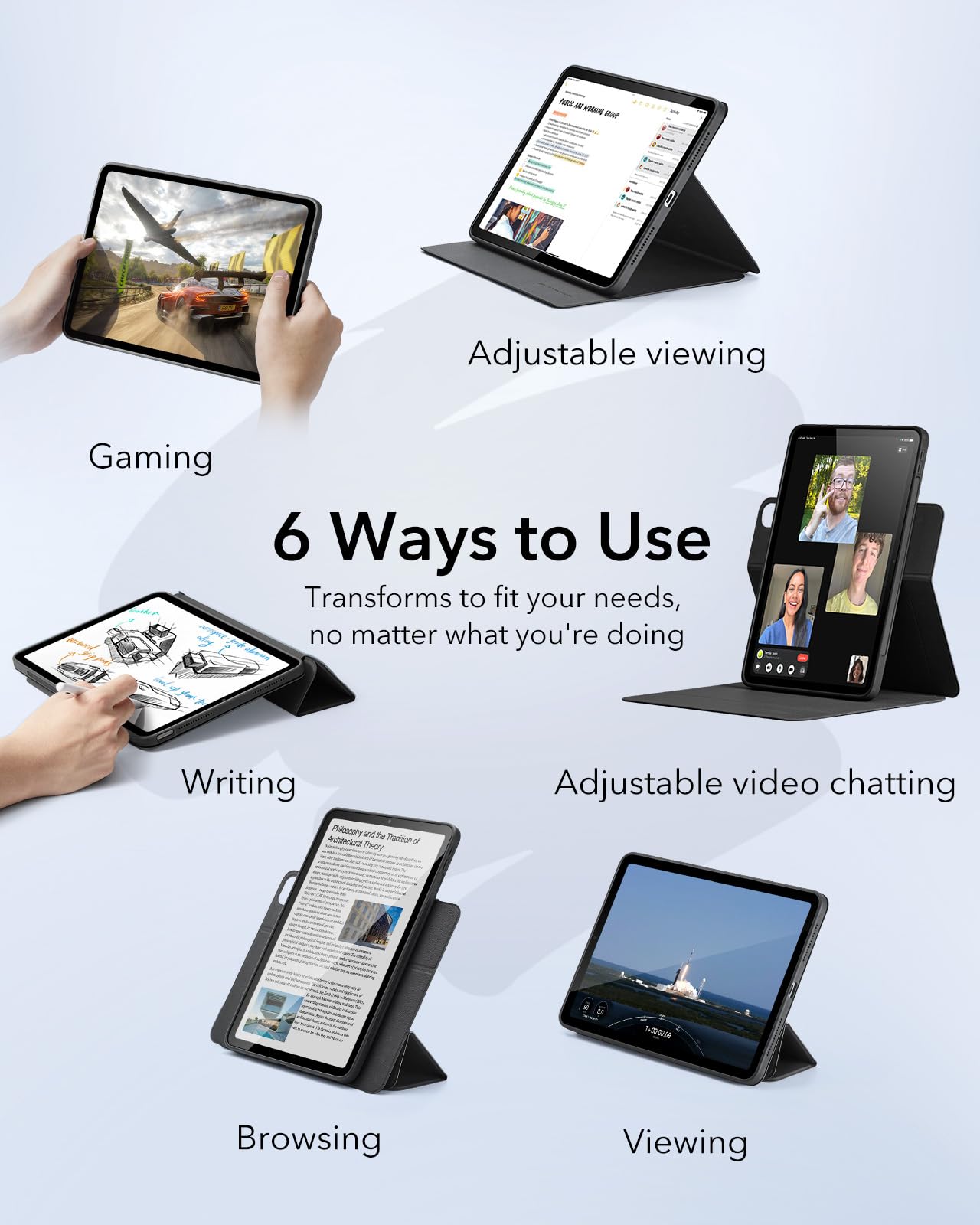 Esr For Ipad Air 11 Inch Case (2025) M3/M2, Ipad Air 7Th/6Th/5Th/4Th Generation Case (2024/2022/2020) 10.9 Inch With Pencil Holder, Removable Magnetic Cover, Vertical Stand, Rebound 360 Series, Black